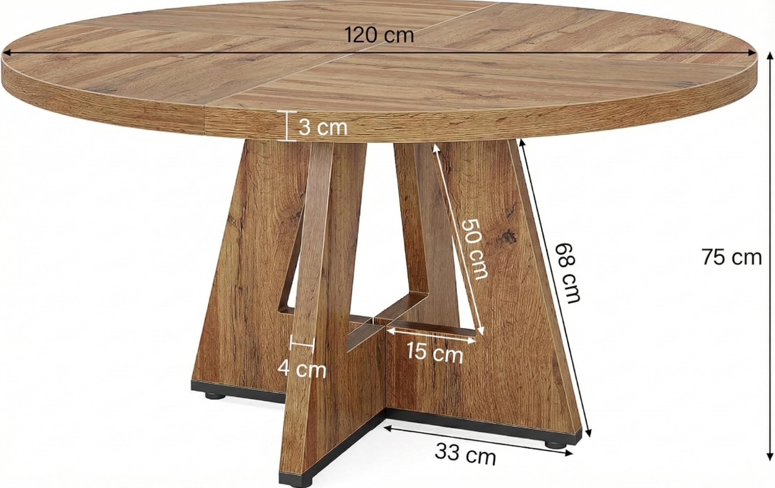 Lailang 120cm Mesa de Comedor, Mesa Redonda, Mesa de Cocina, Mesas Rusticas Comedor, Mesa para 4 Personas, 120 x 120 x 75 cm, Burlywood
