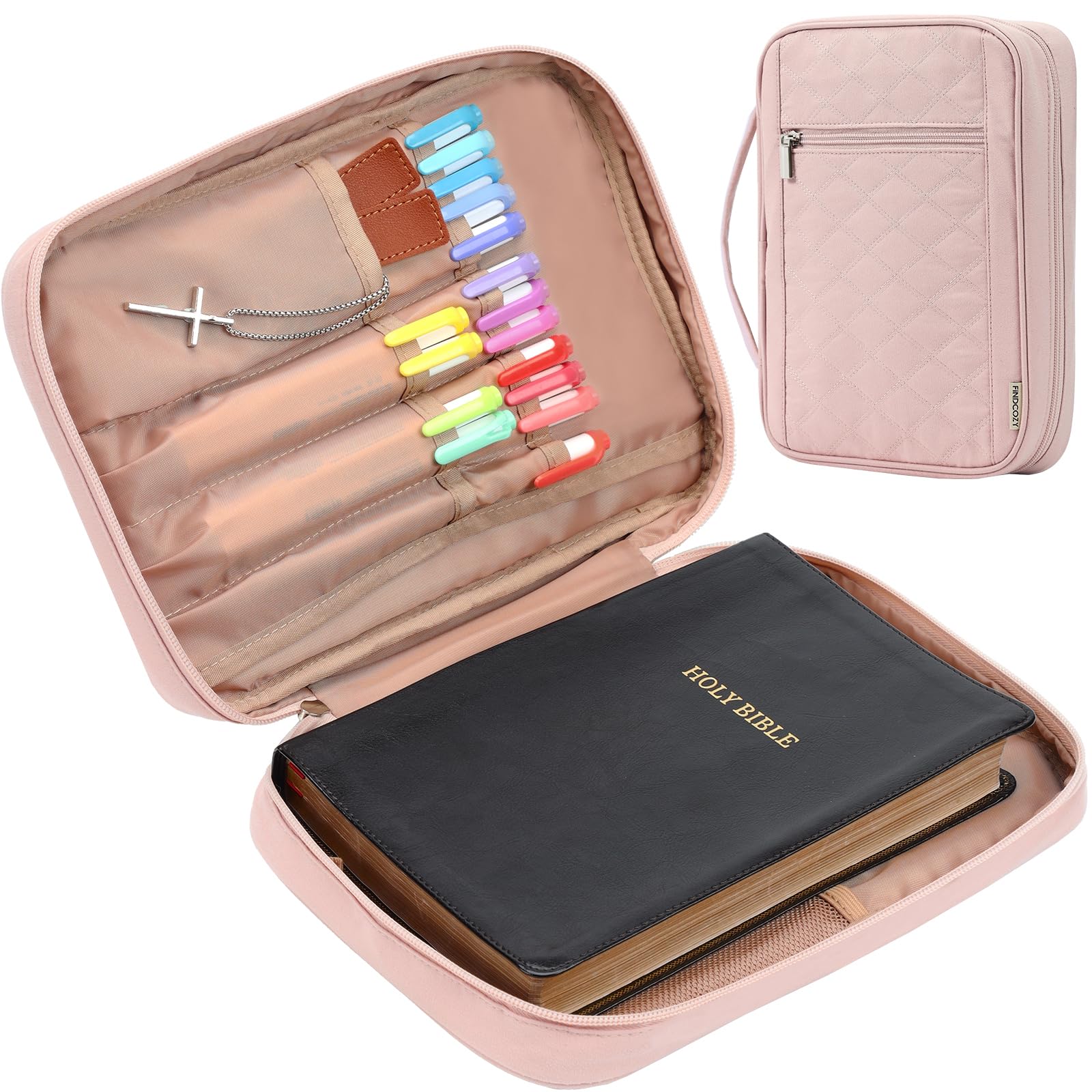 FINDCOZY Bible Cover for Women, Durable Carrying Book Case Church Bag for Bible Accessories with Handle and Zippered Pocket, for Scriptures, Pink (Bible Cover Only)