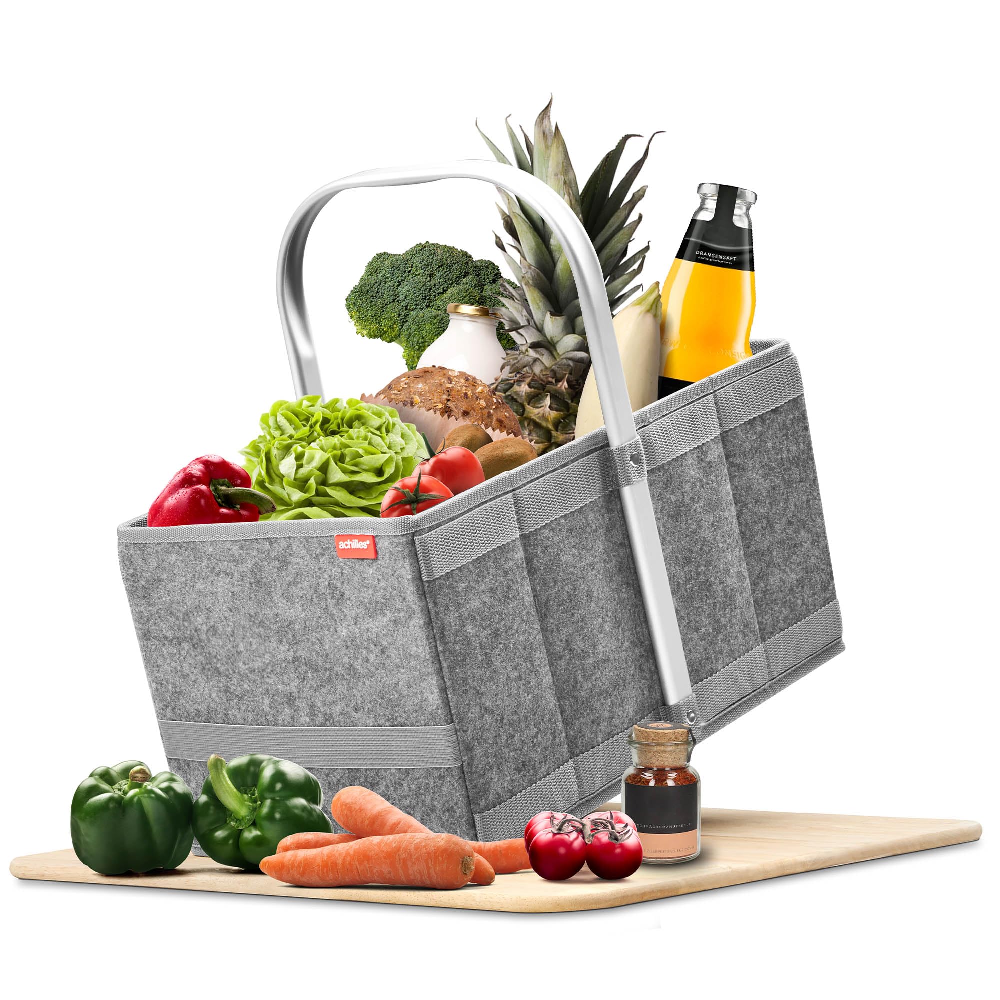 achilles Składany kosz na zakupy z filcu – składany kosz do noszenia z aluminiowym uchwytem – lekki i wytrzymały – kompaktowa torba na zakupy – 40 x 24 x 20 cm – szary