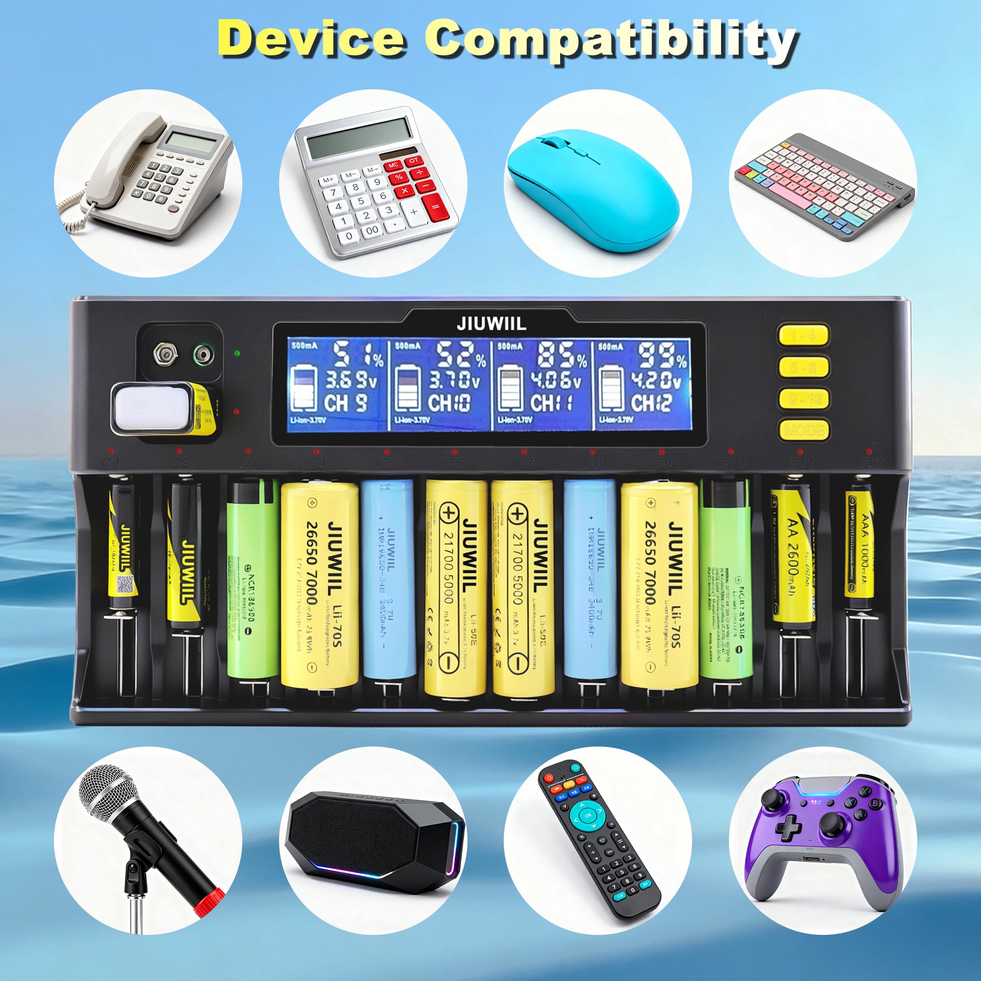 Caricabatterie 18650, JIUWIIL 12+2 slot Caricabatterie universale a ricarica rapida con display LCD per batterie ricaricabili Li-ion LiFePO4 RCR123 18650 26650 10440 14500 & 9V