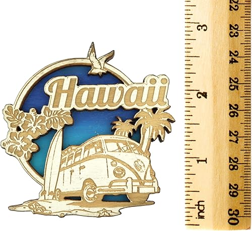 Miniatura 5 de Imán de madera para nevera de Hawaii, detalles de corte láser para furgonetas y palmeras, accesorio magnético de recuerdo de vacaciones, 2.5 pulgadas