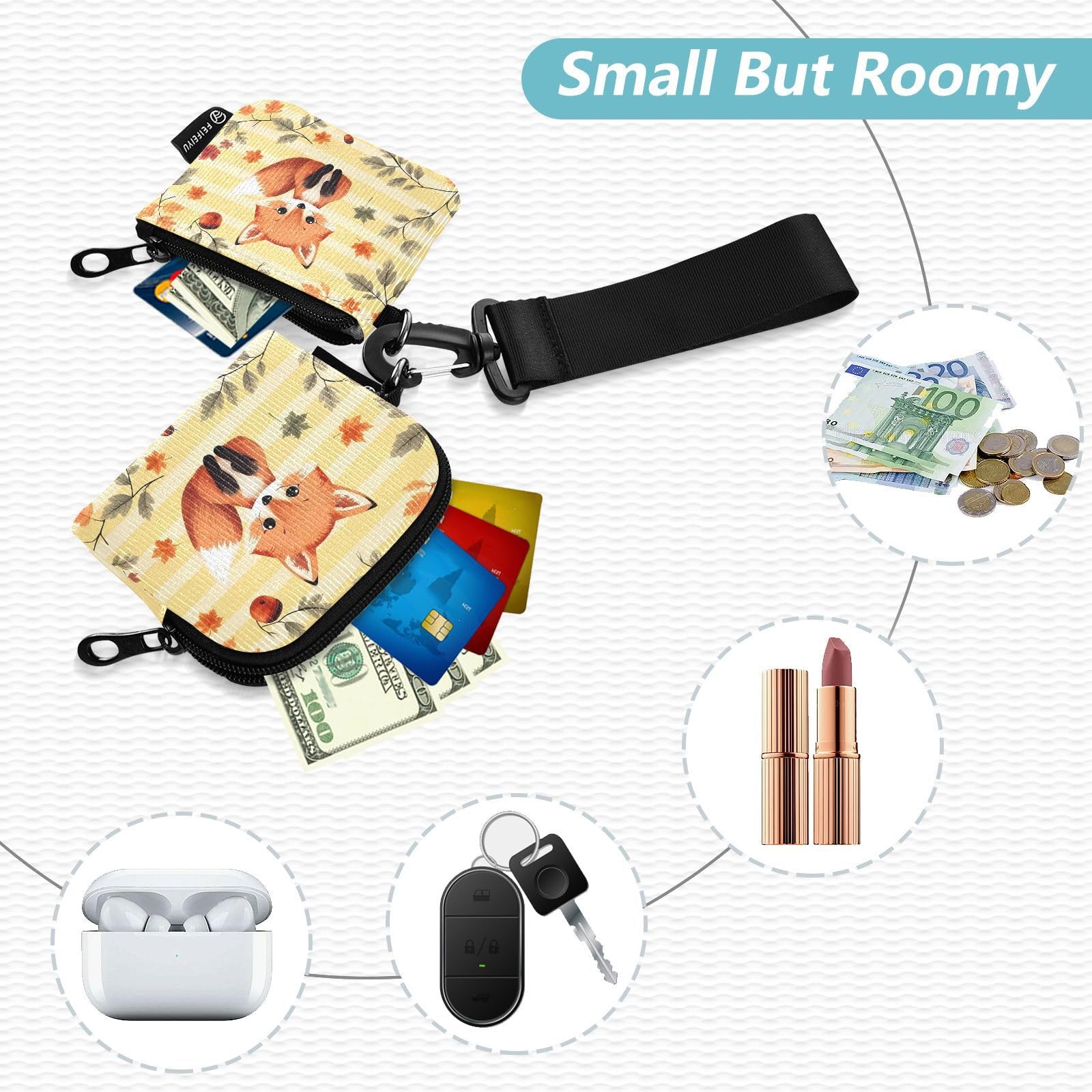 Hezely Orange Foxes Keychain Wallet,Coin Purse,Mini Zip Around Wristlet Wallet, Ideal Portable Coin Purse for Women and Men