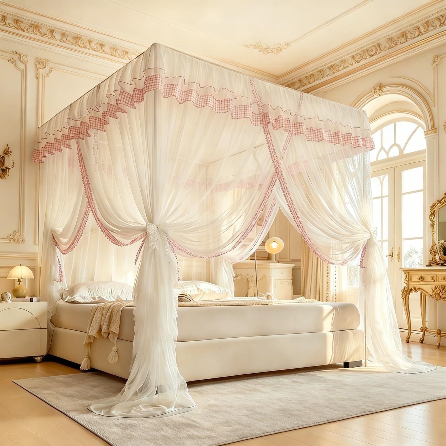 GUOIOOI 4 Corners Post Ruffle Princess Bed Canopy Curtain for Queen/Full, Romantic Palace Cozy Drape Bed Canopy –Bedroom Decor for Adults Girls(Pink,King/2x2.2M)