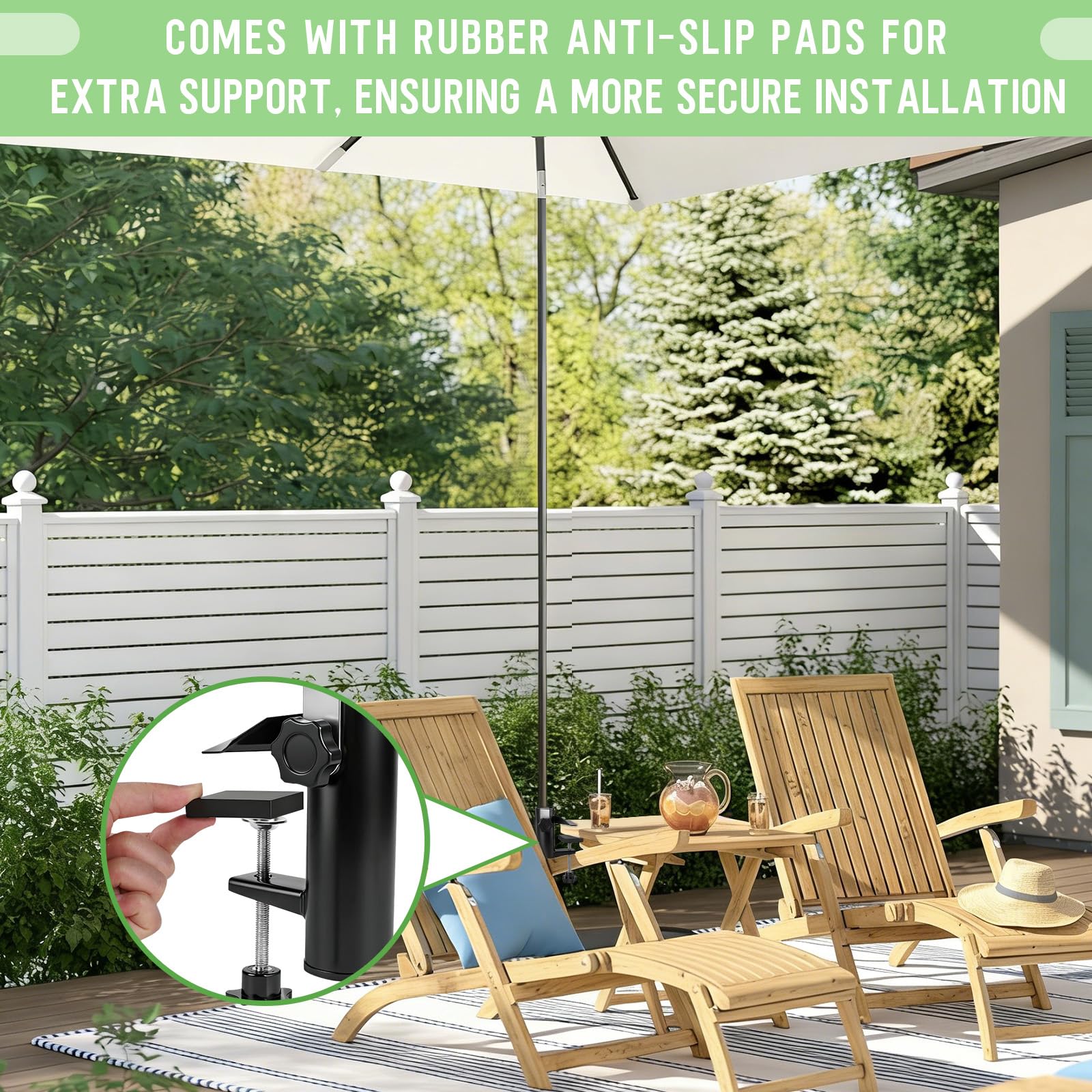 DBREAKS 2Pcs Support de Parasol pour Balcon, Pied de Parasol avec Accroche & Bloc en Caoutchouc, Support de Parasol Réglable, Attache Parasolbalcon pour Balustrade de Balcon, Jardin, Terrasse, Noir