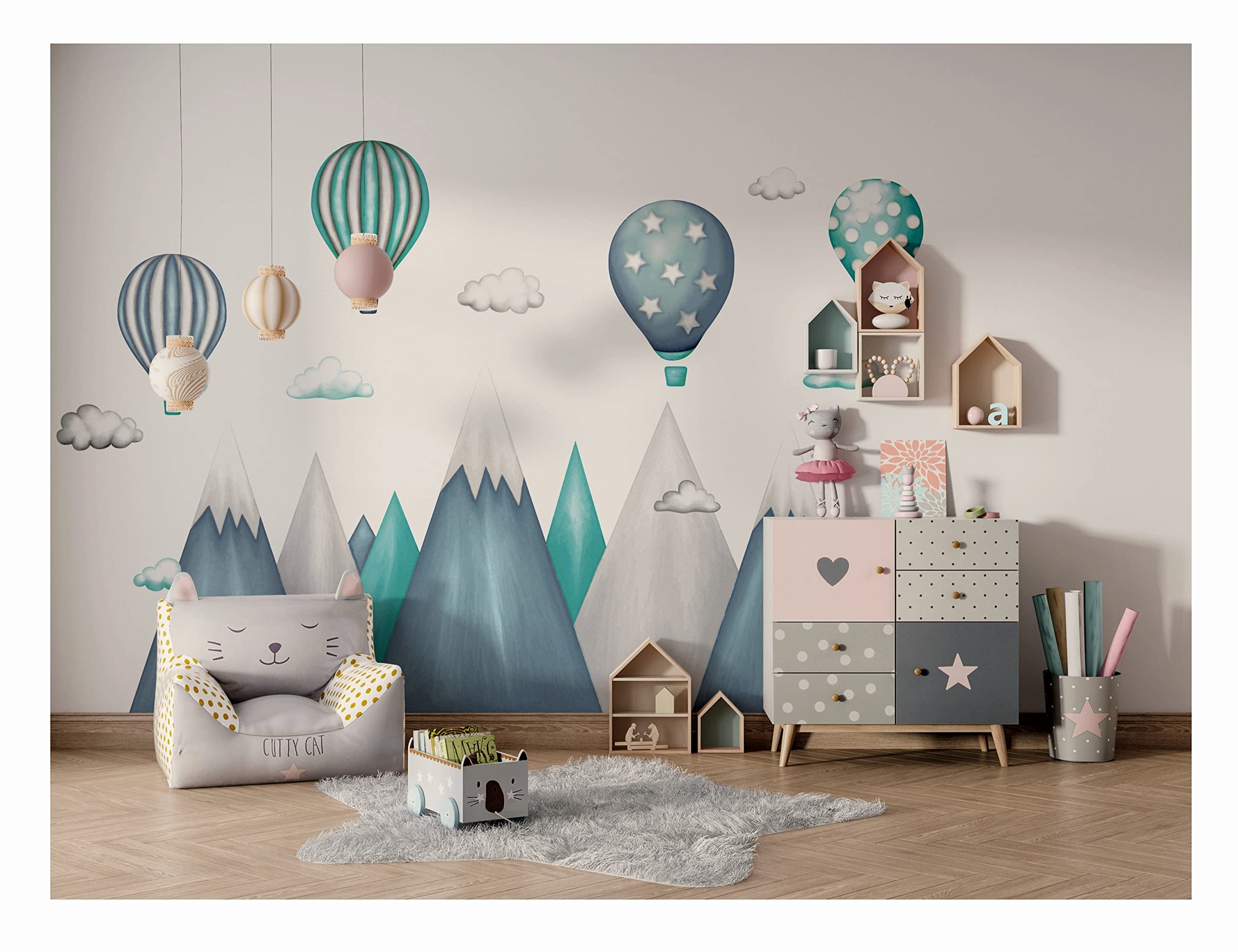 Pegatinas de Pared niños montaña montañas Paisaje Etiqueta de la Pared Globos Globo Nubes Cuarto de los niños decoración salón Infantiles Bebés Guardería escandinavo G22 XXL