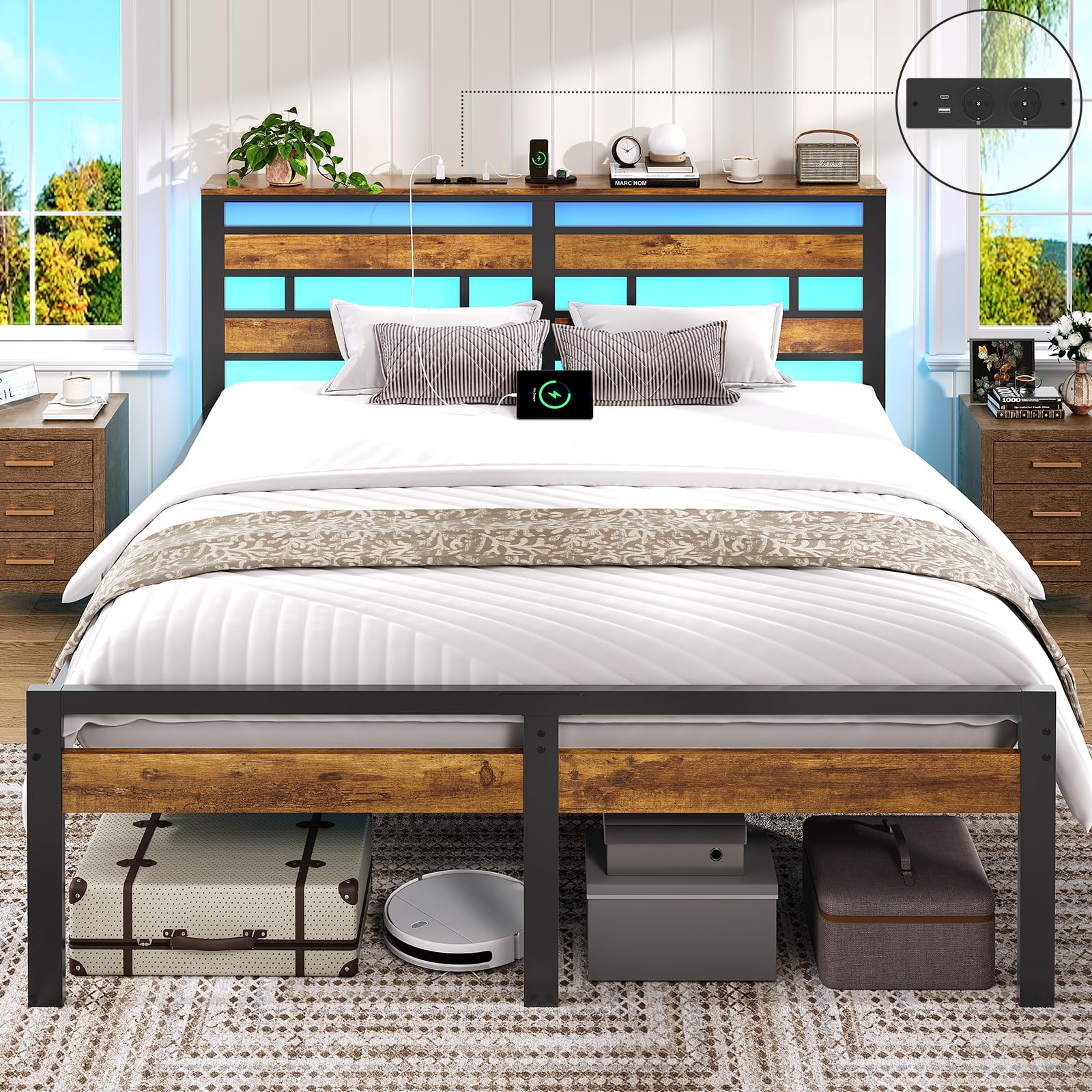 Brinlawb Letto 180x200 con base a doghe in metallo, struttura letto matrimoniale 180x200cm con illuminazione a LED e stazione di ricarica (2 prese CA, 1 porta USB e 1 porta Type-C)