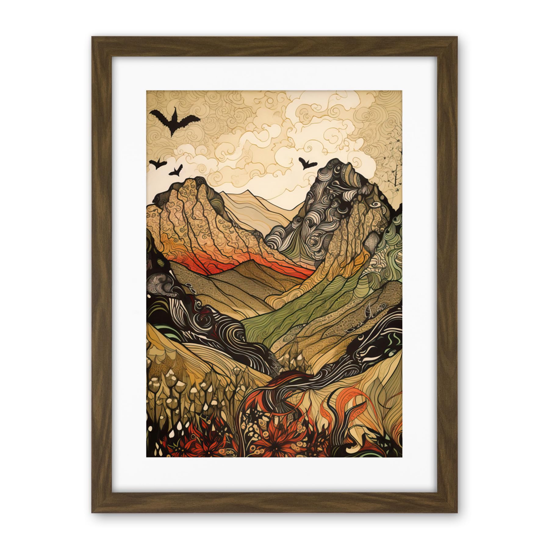 Artery8 Mountain Landscape Multicoloured Pattern Linocut Artwork Framed Wall Art Print 18X24 Inch