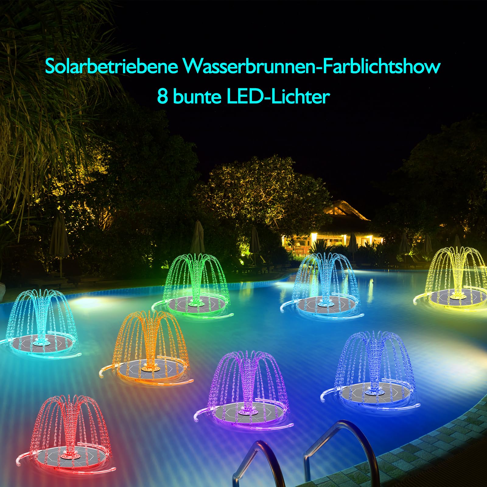 AISITIN 6,5W LED Solar Springbrunnen mit Verstellbare Stützstange, Buntes Solar Teichpumpe Eingebauter Batterie mit Doppelseitig LED Runden Solarbrunnen für Vogelbad,Gartenteich,DIY Wasserspiel,Teich