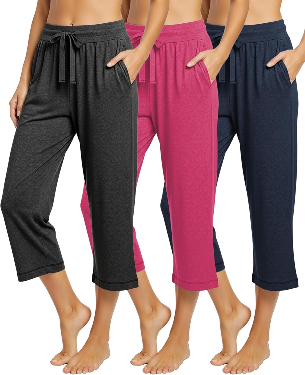 Sexy Basics Women's Ultra Soft French Terry Cotton Capri Bottoms | Drawstring & Pockets Pants | Multi Packs
