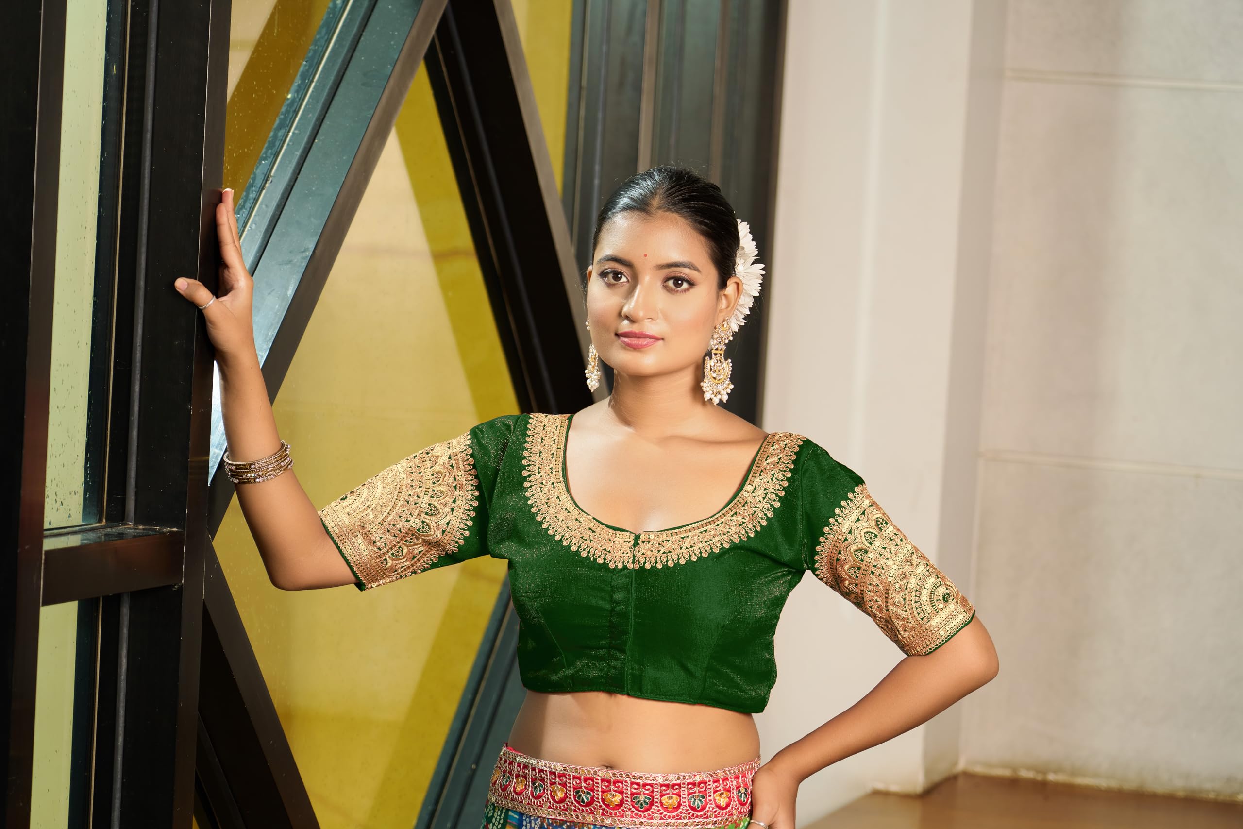 Pujia Mills Women's Readymade Blouse Embroidery Multi Coding Dull Golden Sequence Work Indian Ethnic Designer Stitched Readymade Saree Half Sleeve Green Blouse For Women For Saree Lehenga Choli