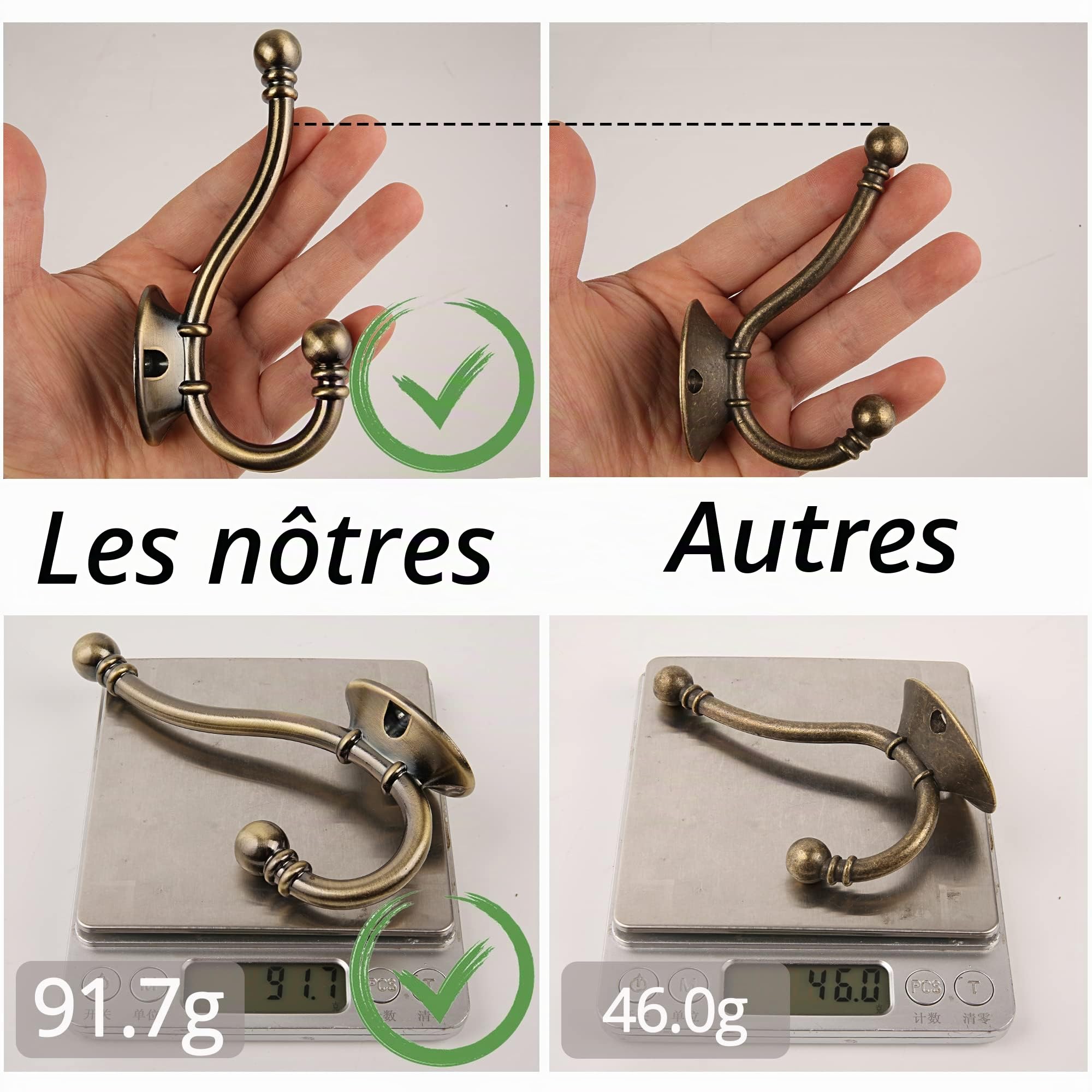 HASWARE Lot de 6 crochets à double griffes, grands cintres avec 12 vis à fixation murale, robustes pour manteaux, vêtements, serviettes, clés (Bright Brass)