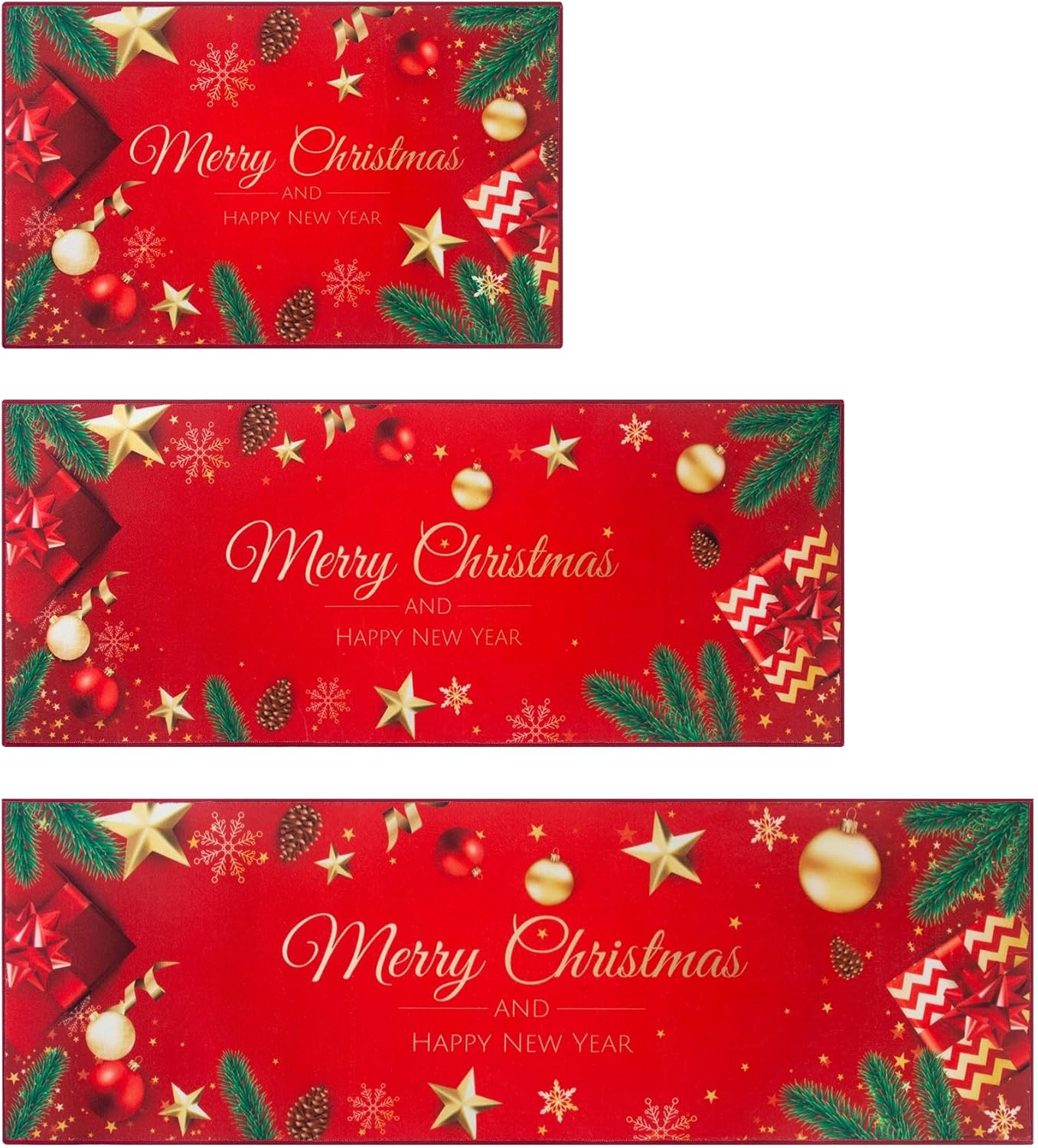Christmas Kitchen Rugs Sets of 3 Washable Kitchen Mats 3 Piece Set Red Kitchen Floor Mat Runner for Christmas Decoration Home Party Deep Red 4'11" x 1'8" (Rectangular) (Rugs with Different Design)