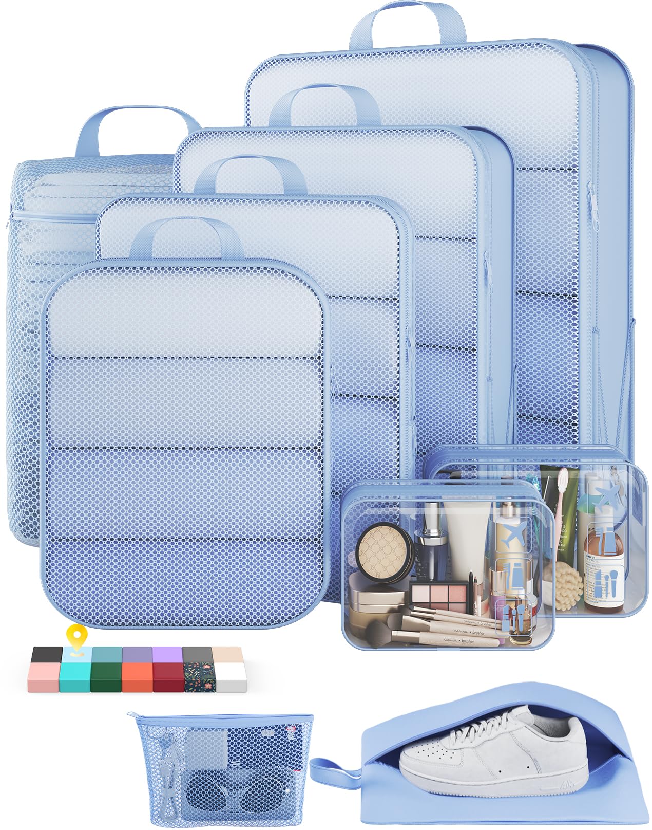 veken 9/11 set compression packing cubes for travel essentials,compressible expandable large luggage suitcase organizer bags for clothing,durable space saver storage bags(light blue)