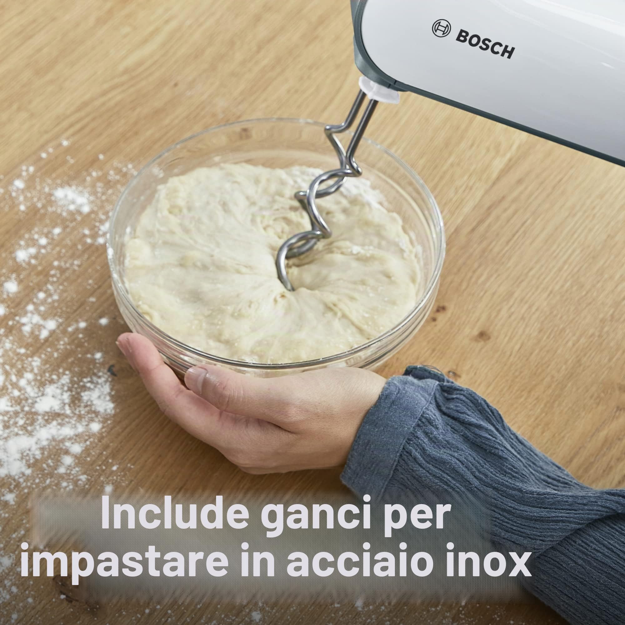 Bosch Styline MFQ49700 - Agitatore manuale a 5 livelli, 2 ganci per frusta e impastare, cavo a spirale, in acciaio inox, 850 W, bianco/argento scuro