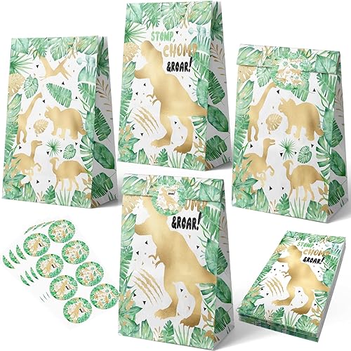 HaPiBiDesign 24 bolsas de regalo de dinosaurio dorado con calcomanías, bolsas de caramelos de dinosaurio, bolsas de regalo para suministros de