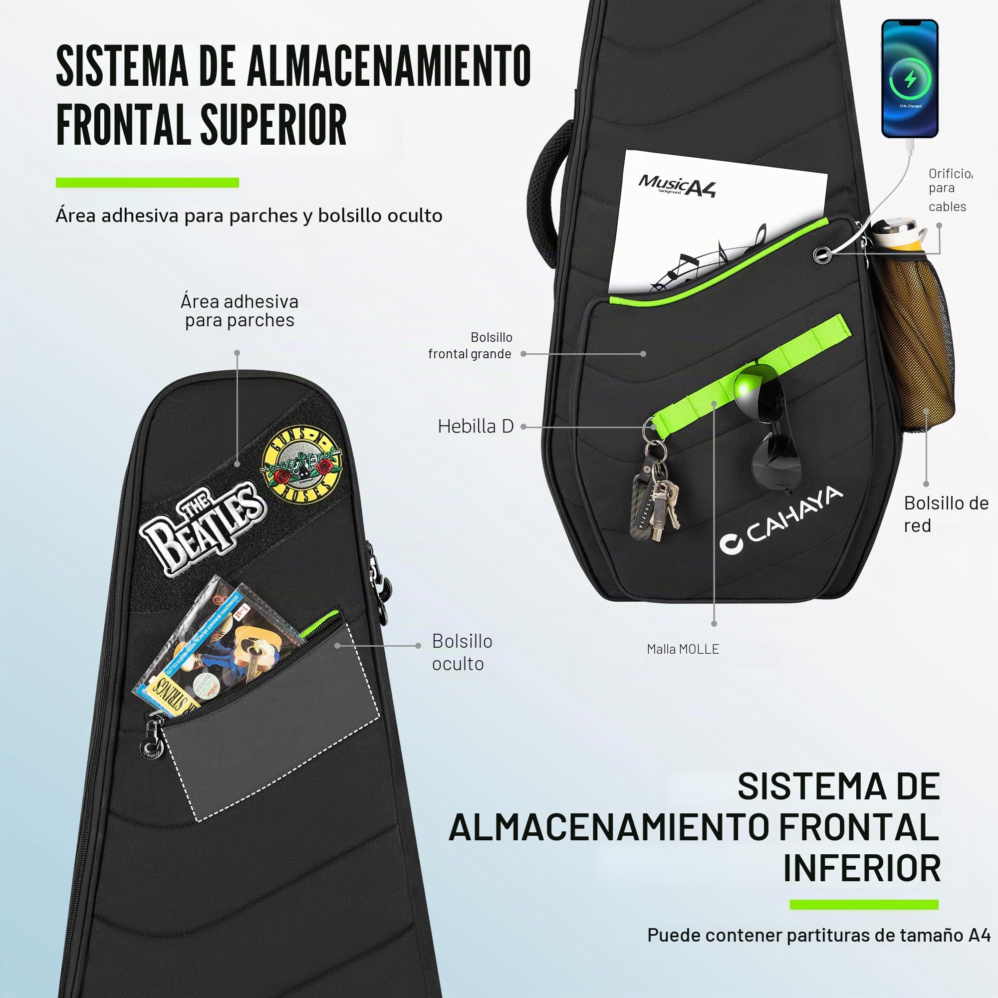CAHAYA Funda para Guitarra Eléctrica - Gig Bag Bolsa Suave con Líneas Verdes Fluorescentes Bolsillo Lateral para Botella de Agua Parche Adhesivo Personalizable Acolchado de 12 mm Resistente al Agua