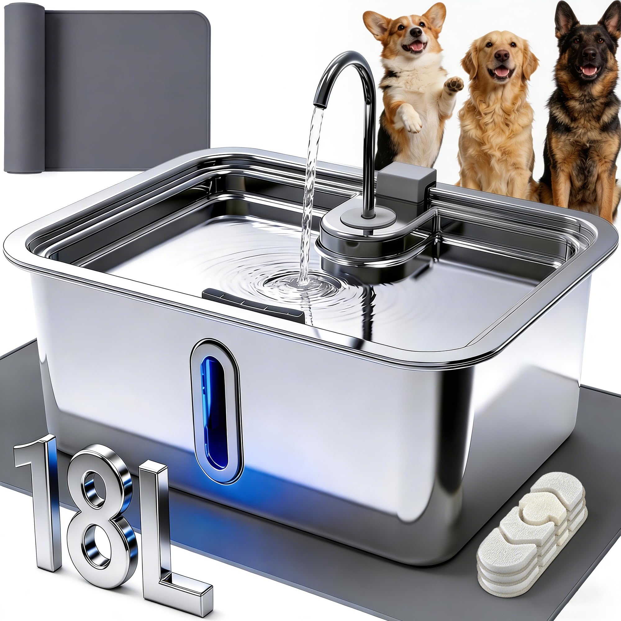 18L/4.76Gal Extra Large Dog Water Fountain with Silicone Mat & 3 Filters, Quiet Pet Water Fountain for Giant Breeds, Stainless Steel Dog Water Bowl