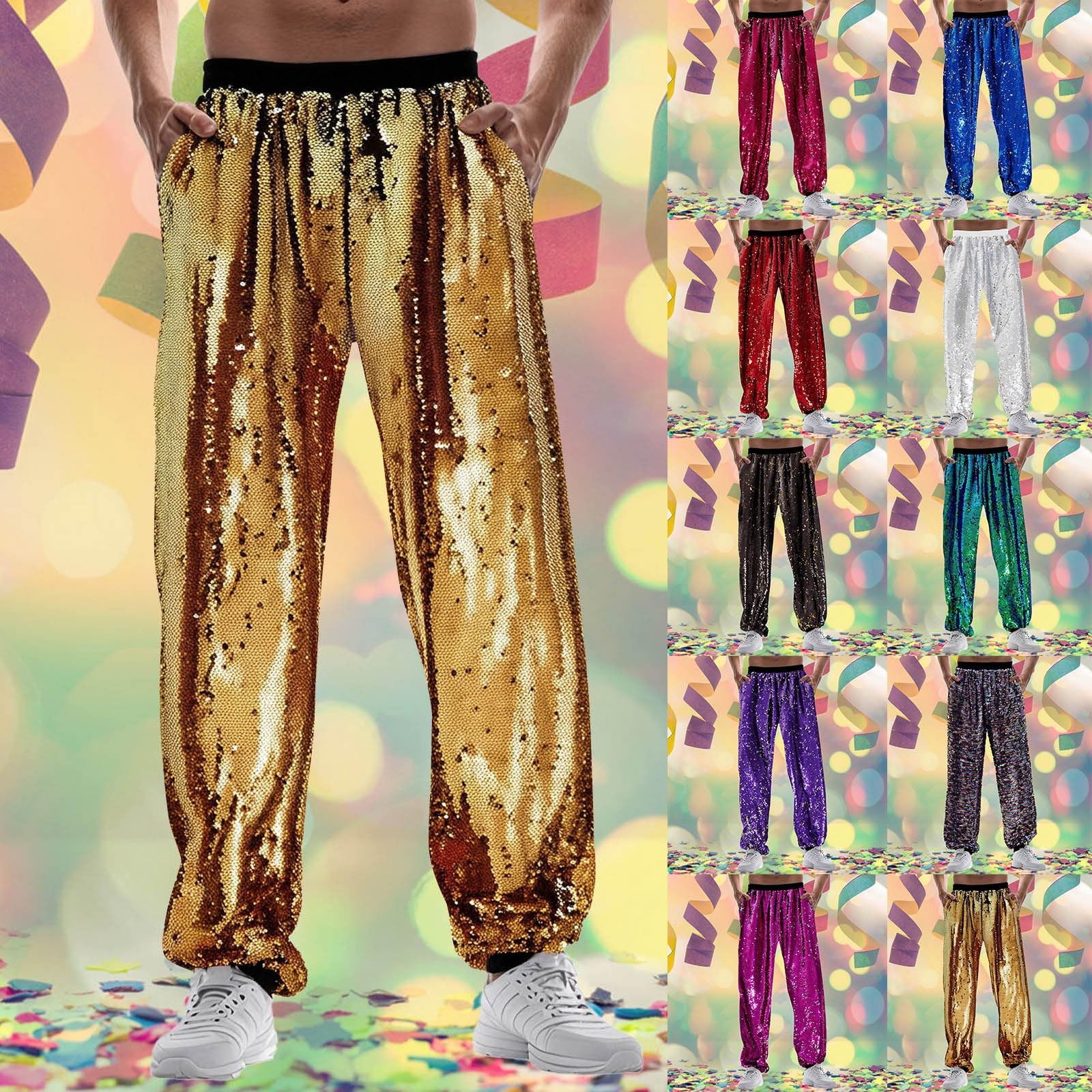 Pantalon à paillettes pour homme - Argenté brillant - Pantalon métallique à paillettes dorées - Tenue disco des années 80 - Pantalon de jogging - Pantalon de jogging - Pantalon de festival hip-hop