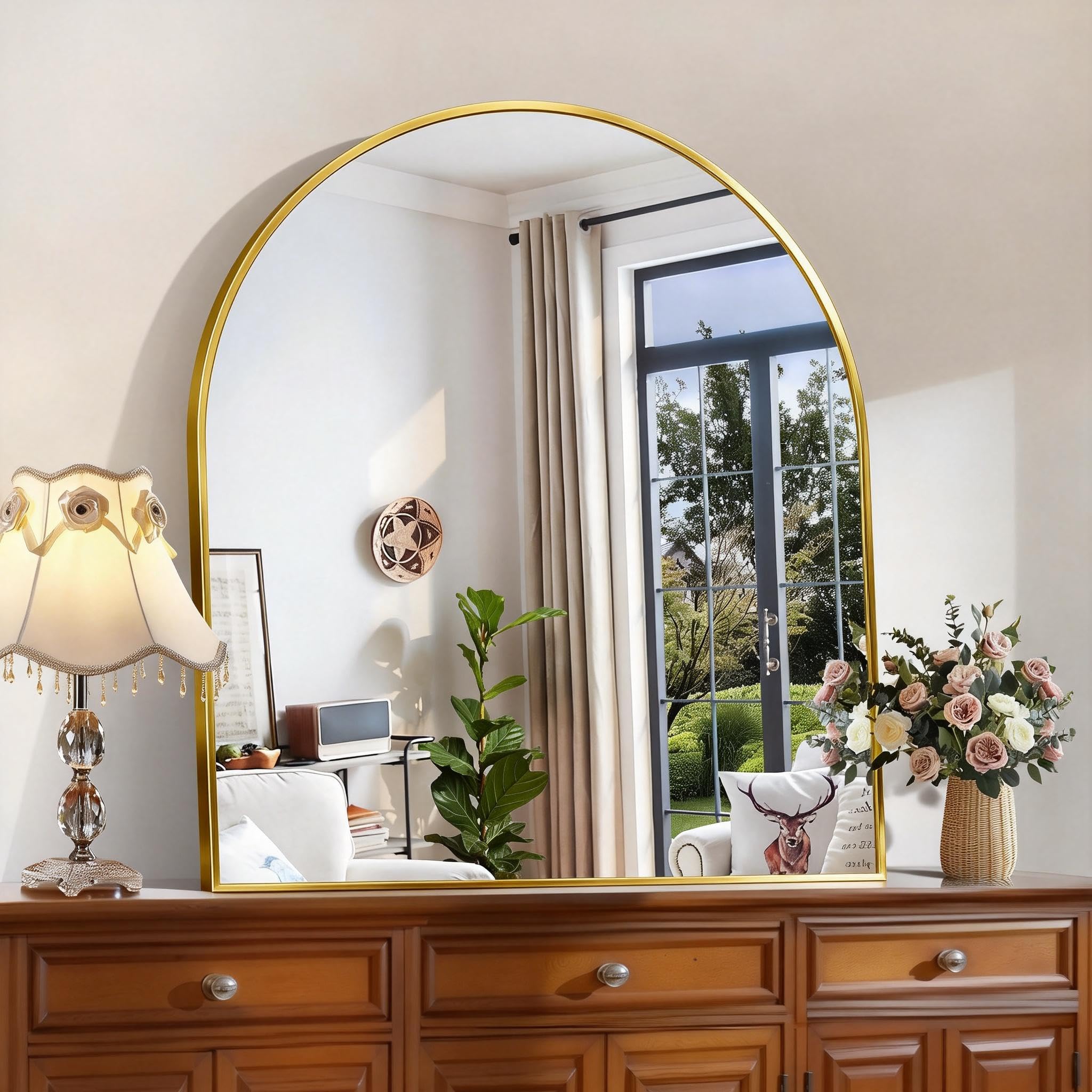 Photo 1 of CIRCUMI Arched Wall Mirror, 36"x40" Gold Arched Mirror with Tempered Glass, Metal Frame, Large Size for Bathroom, Living Room,Entryway,Over Sink, Arch Mirror for Decor,Shatterproof&Crystal-Clear