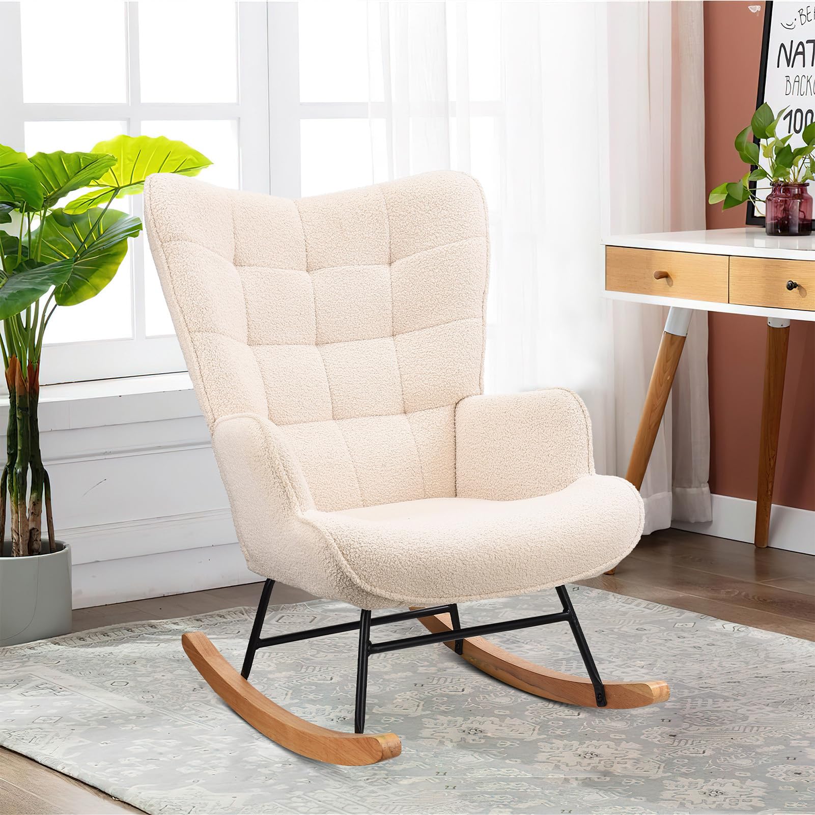 KeepGoon - Poltrona a dondolo, sedia relax oscillante, poltrona per soggiorno, per camera da letto, in velluto Teddy, con schienale a quadretti (beige)