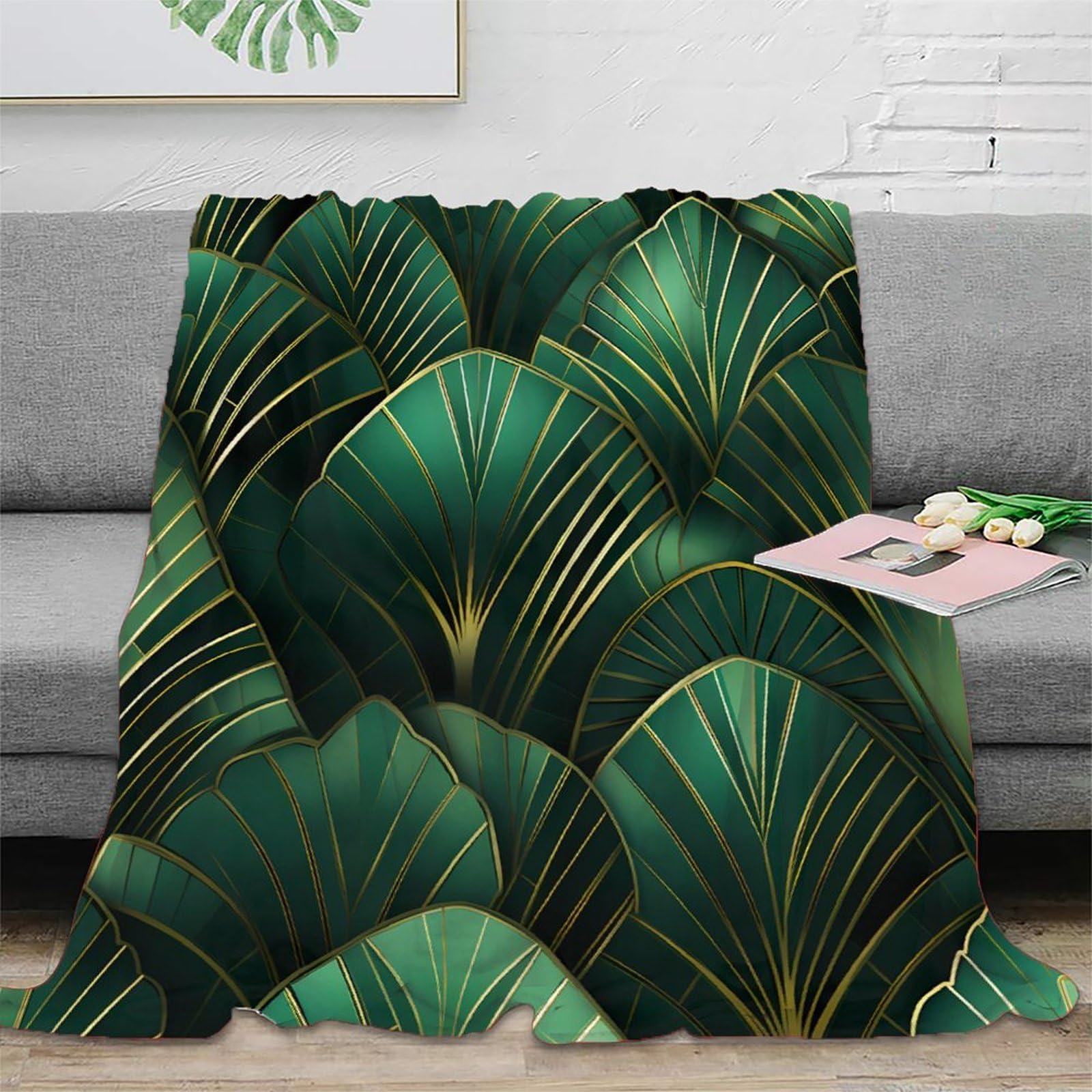 3D Printed Art Deco leaves Bed Throw Microfiber Ultra Soft Warm Bedding Green tropical design Fluffy Blanket for Friends Colleagues Loved Ones 60x80inch(150x200cm)