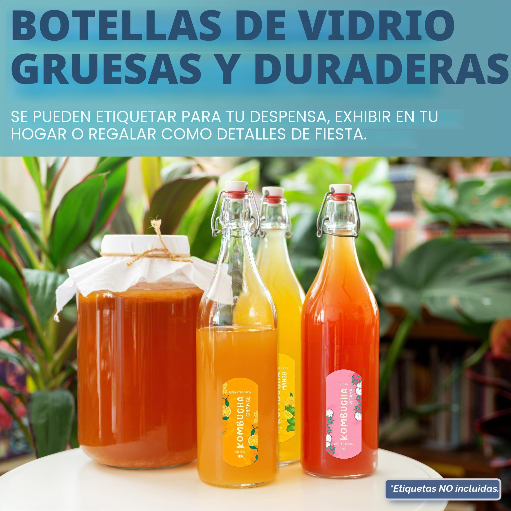 Botellas de vidrio HEFTMAN con cierre hermético, 1 litro, paquete de 6 botellas transparentes con tapa hermética para vino, especias, bebidas, aceite, vinagre, kombucha y agua, 6 unidades (1 litro)