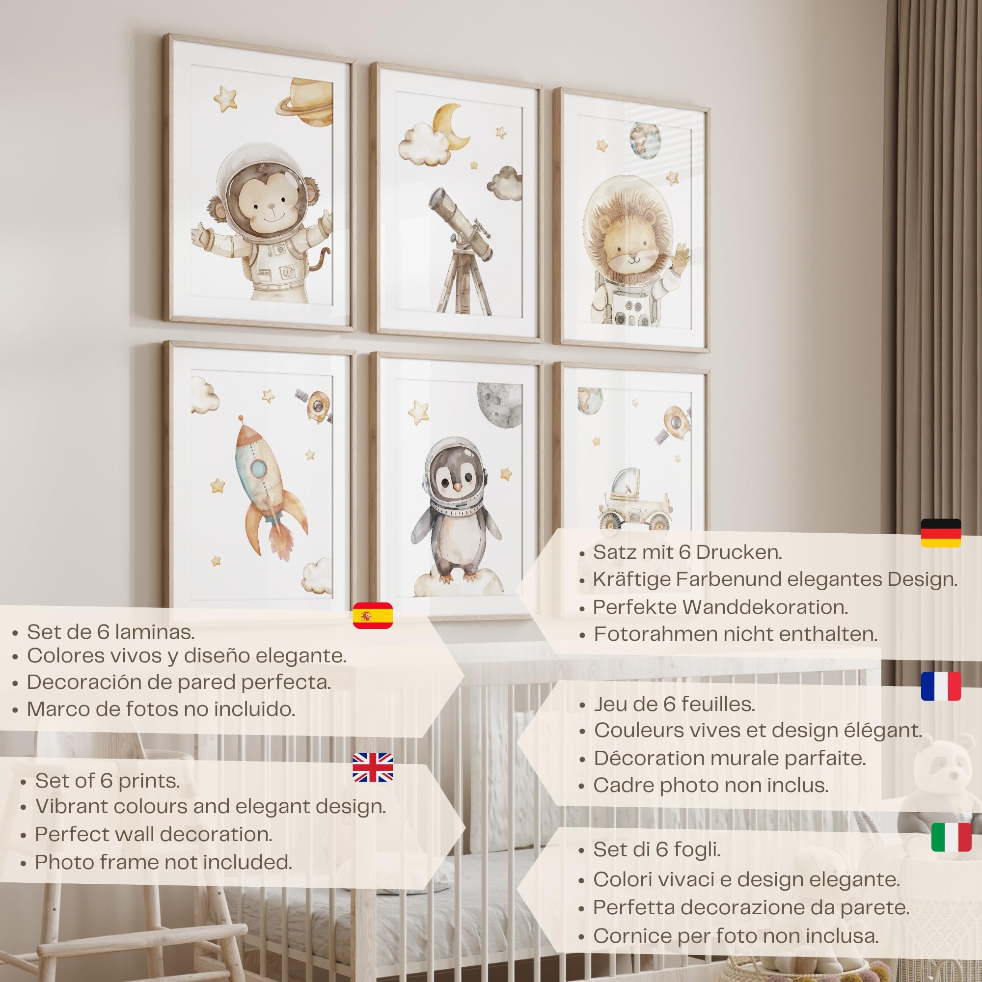 ayurvana Set of 6 Space Nursery Wall Art Prints, Unframed A4 Posters with Astronaut Animals, Rocket, Telescope and Planets - Image 2