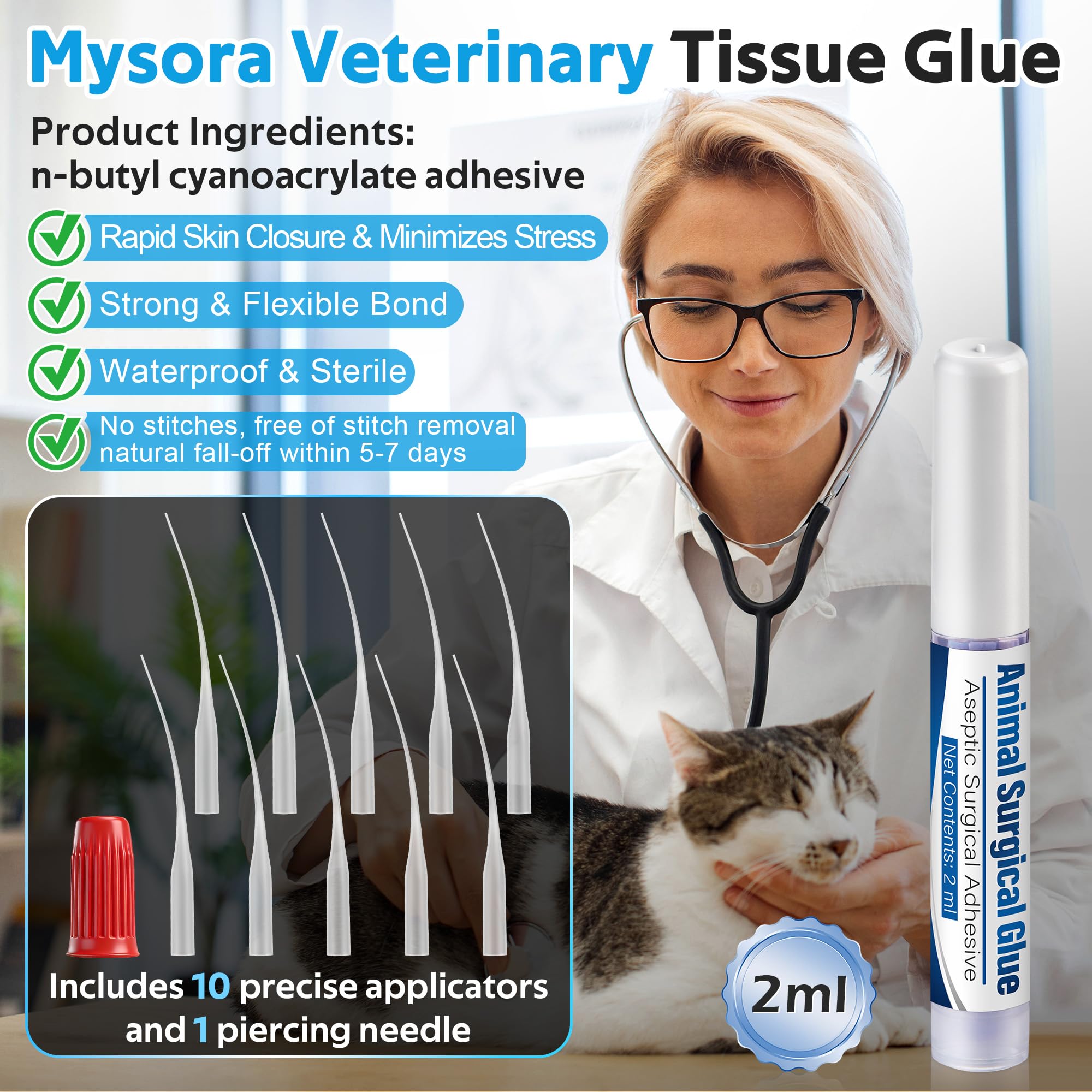 Veterinary Surgical Skin Glue, Strong Surgical Adhesive with 10 Precise Applicators, Blue Tinted Fast Acting Waterproof Wound Closure for Pets Dogs Cats, Pain Free & Stress Free(1 Pack,2ml) — Amazon image 5