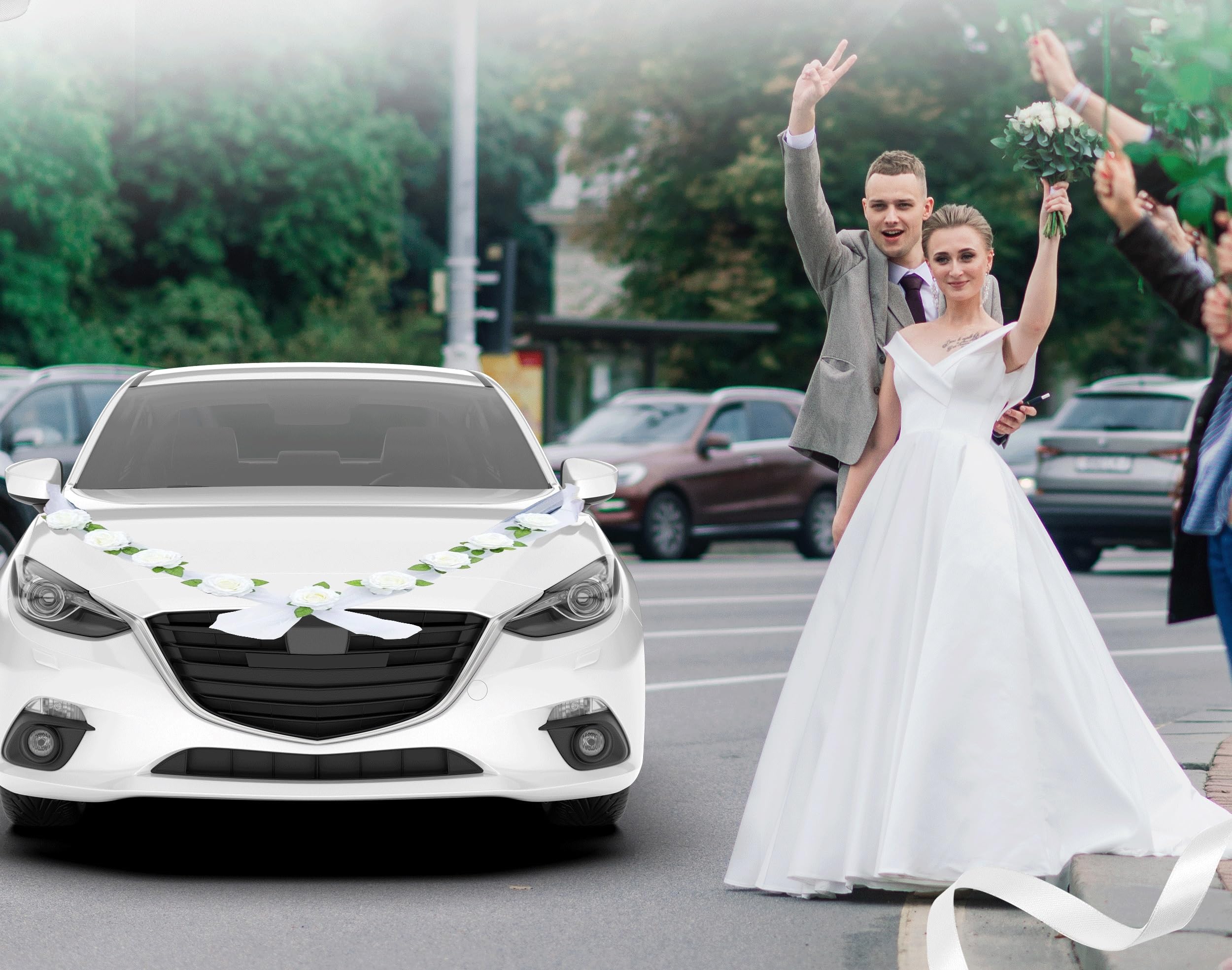 Nueva Vida décoration Voiture de Mariage - Fleurs en Soie pour Votre Voiture Nuptiale - 2 guirlandes décoratives de 180 cm pour Le Capot, INCL. 4 nœuds de Porte