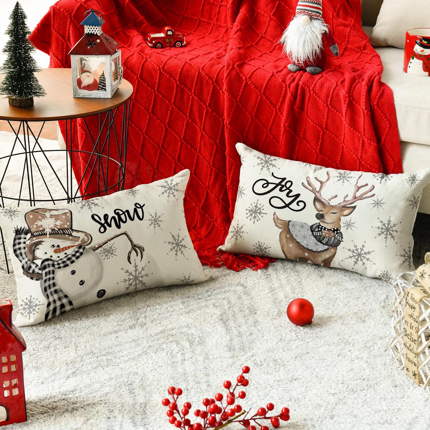 Artscope 1 Pezzi Natalizio Federe in Lana Corta Velluto Copricuscini Morbido Decorativo Fodere per Cuscino Lusso Stile per Divano Camera da Letto Fiocchi di Neve e Cervo Bianco 45x45 cm