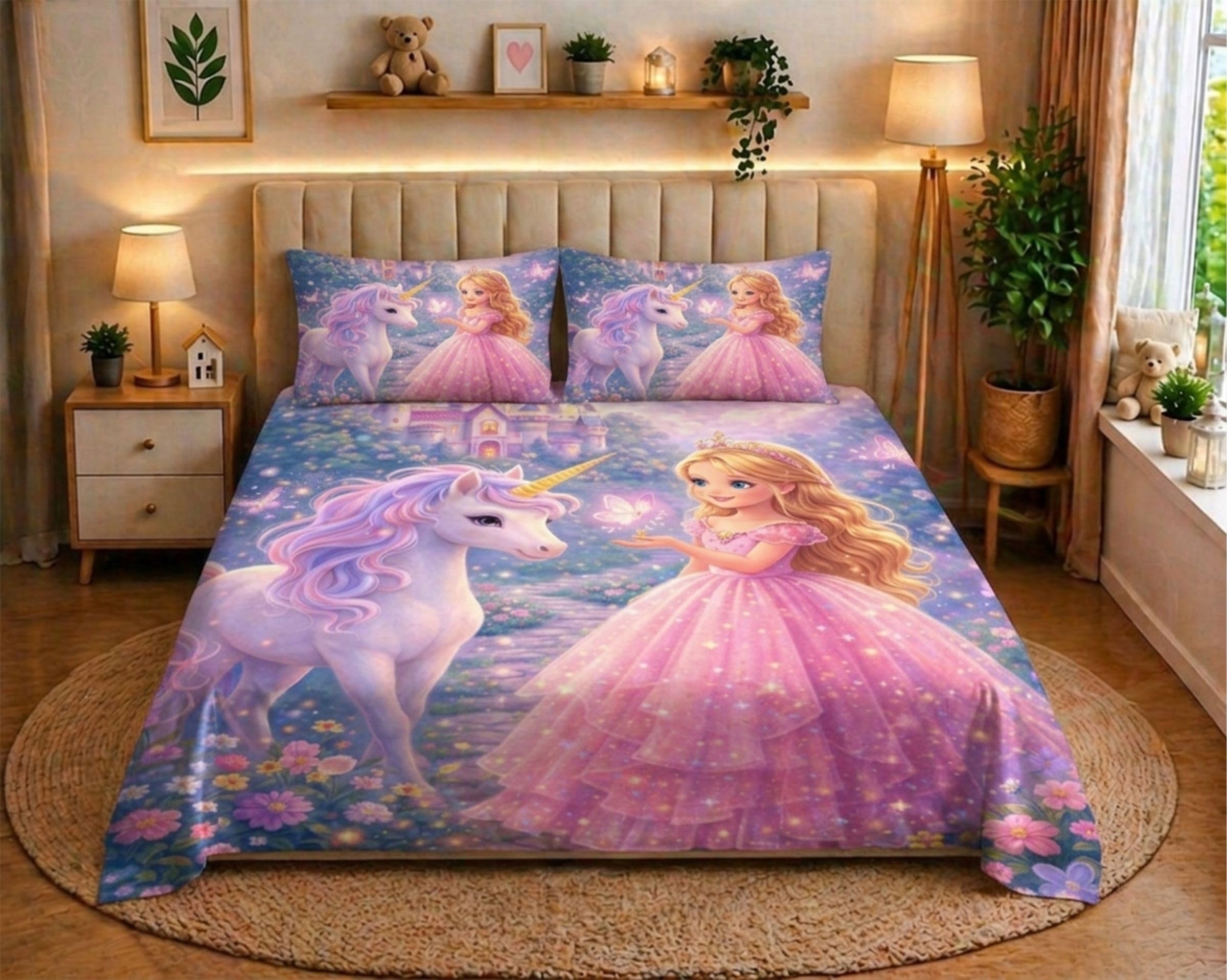 7D Printed Cotton Feel Microfiber Queen Size Double Bedsheet with Pillow Covers | Queen Size 90X100 Inches | 400 TC Premium Bedsheet | Soft & Skin Friendly | 7D Digital Unicorn Print-Girl-image-36