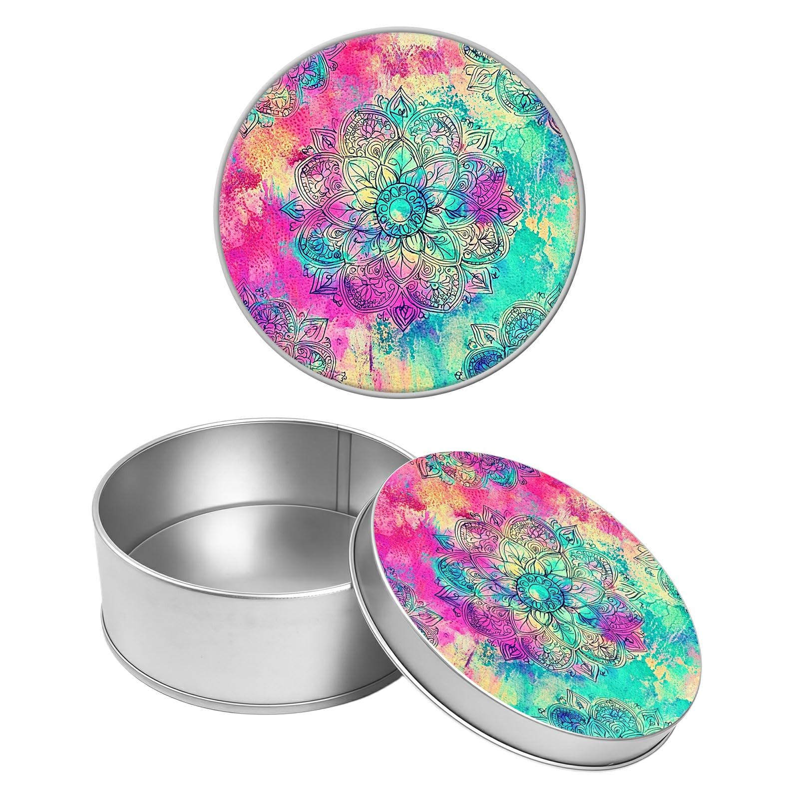 Round Metal Tin Container with Removable Lid, Galaxy Mandalas Durable Metal Storage Box for Crafts Snacks Candies Office Supplies Small Items 3.54 x 1.38 inch– Single Pack