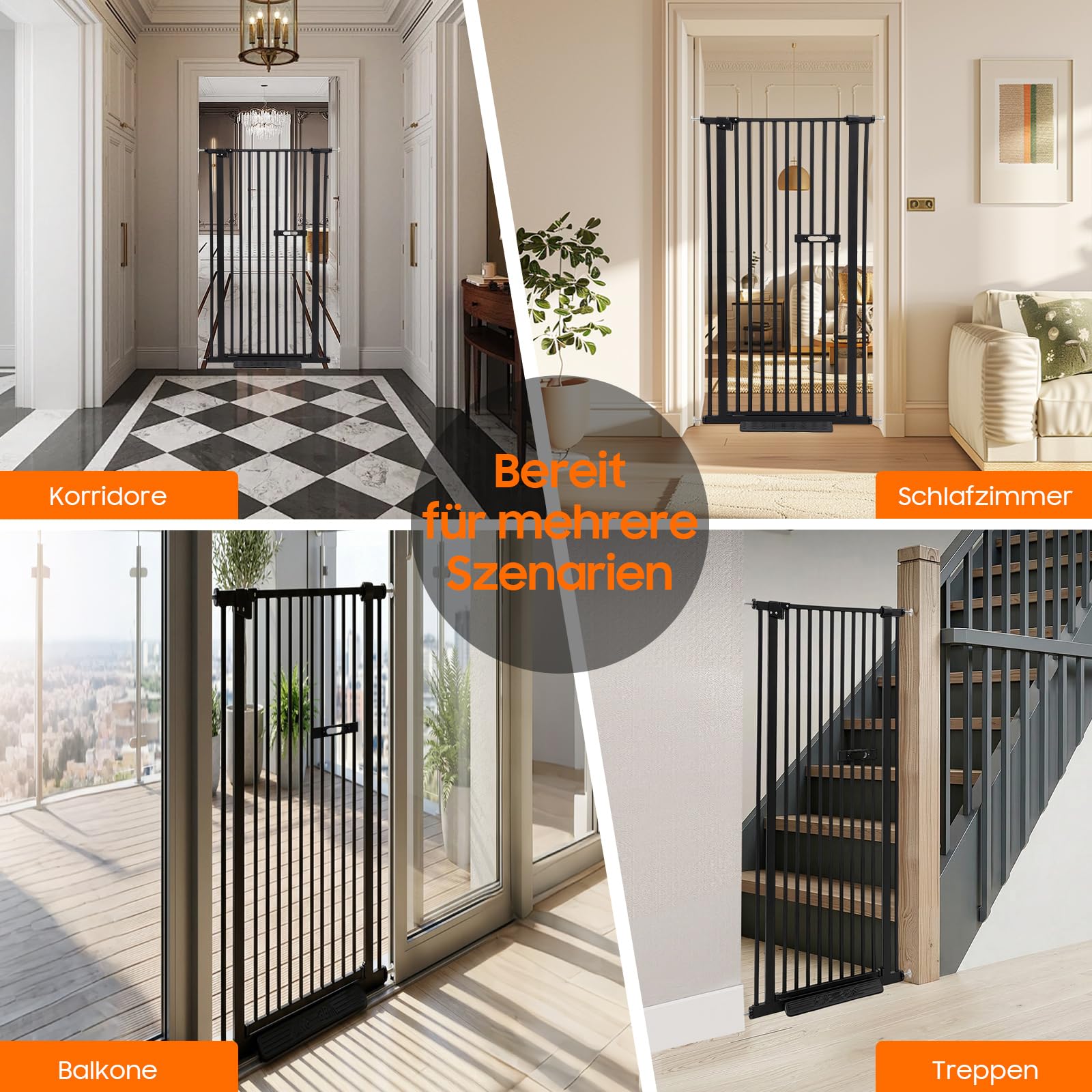 Barrera de seguridad para escaleras, sin agujeros, 150 cm, para niños, para perros, con cierre automático, ajustable, 76-85 cm, color negro