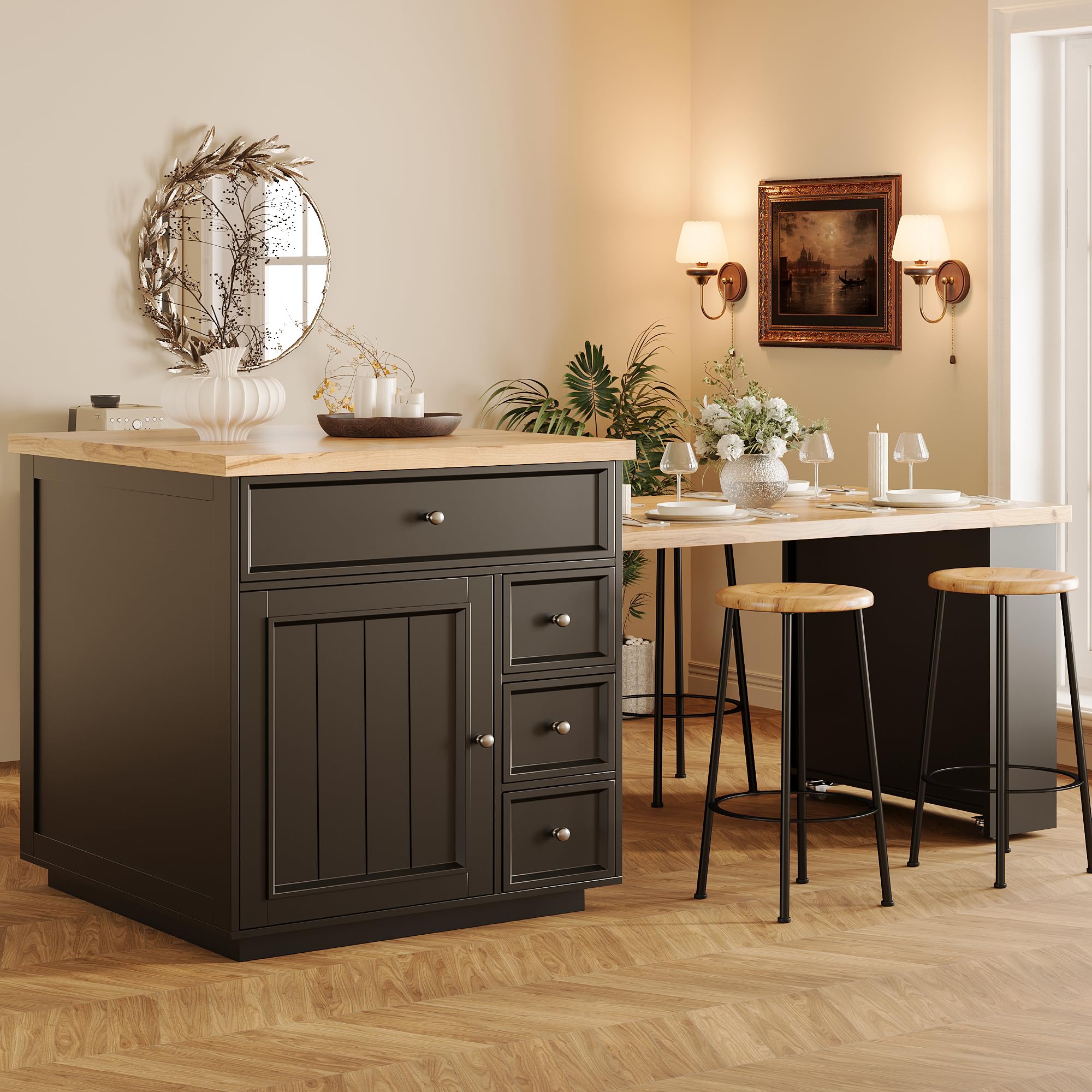 Kücheninsel mit Ausziehbarer Esstisch & Rollen, Küchenschrank Speisewagen, 120-184x70x94cm Schwarz