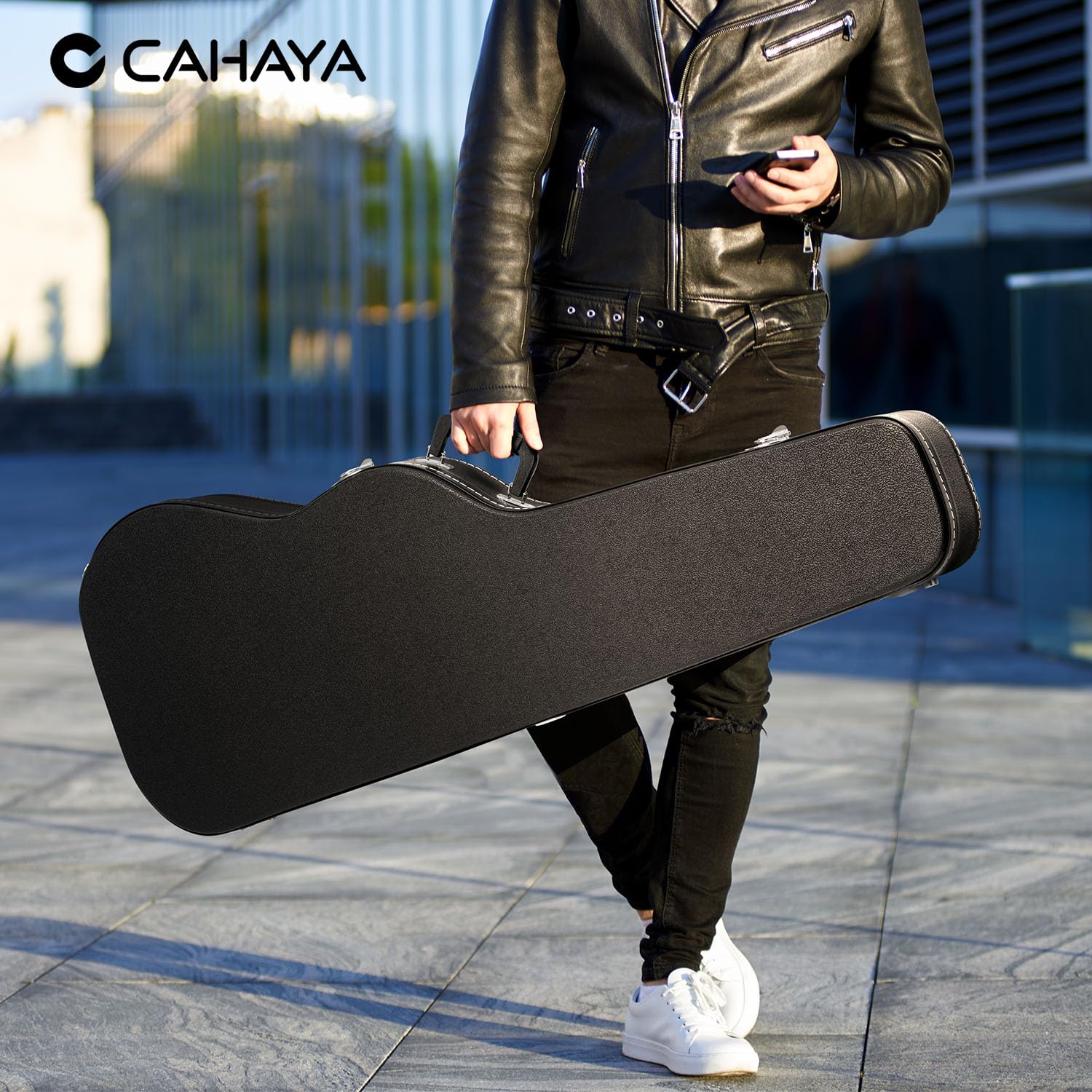 CAHAYA E-Gitarre Hartschalenkoffer Gefütterter Gitarrenkoffer Robuster PU E-Gitarren Koffer mit Sicherheitsverschluss für Standard E-Gitarre Schwarz