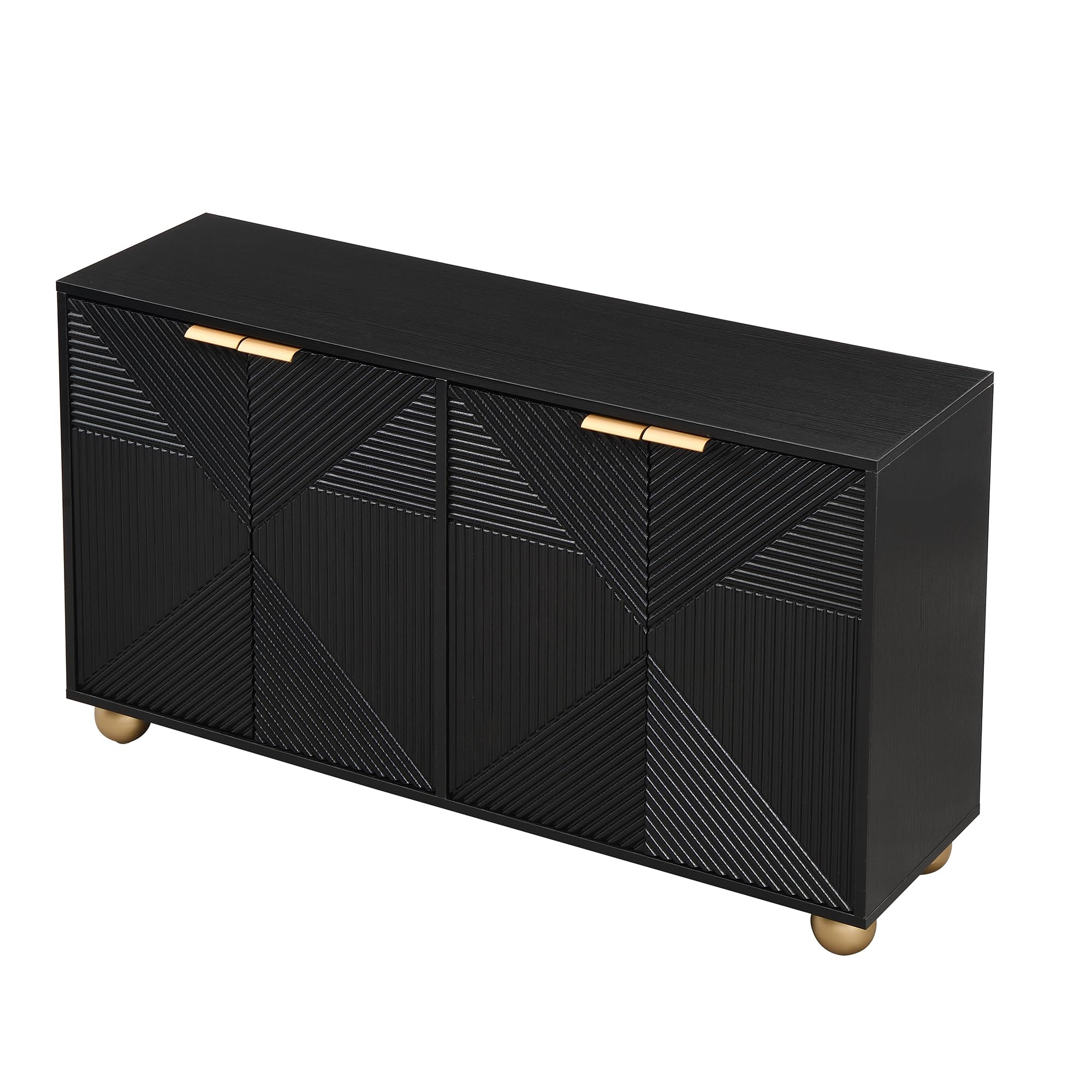 Aparador negro 120 x 35 x 71,5 cm con cuatro puertas moldeadas, estantes interiores ajustables, asas de metal y patas esféricas