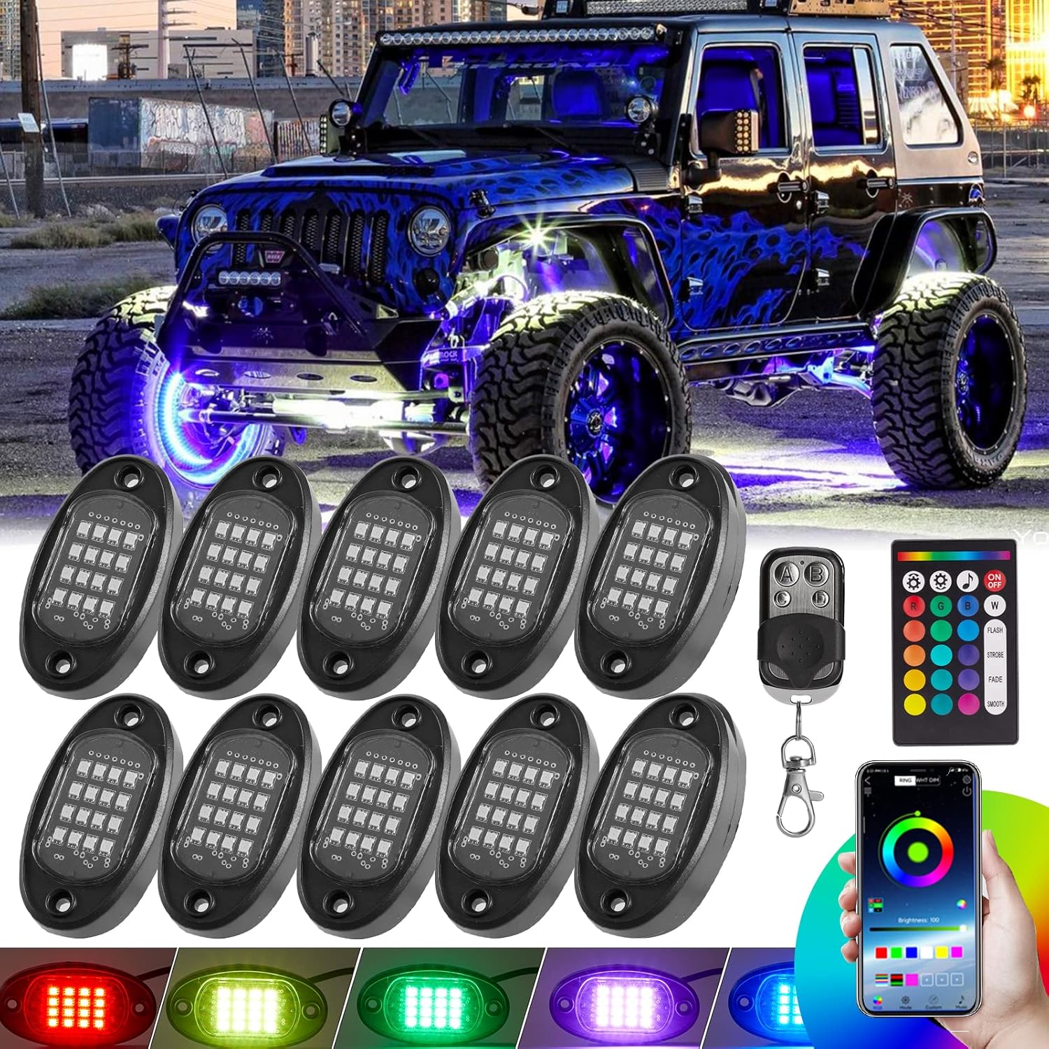 2 Pack 10 Pods Underglow LED Light Kits, RGB Rock Lights Kit and RGB Alloy Rock Lights Kit for Truck Golf Cart ATV UTV Offroad, Waterproof Multicolor Underbody Kit with App/RF Remote 12-18V