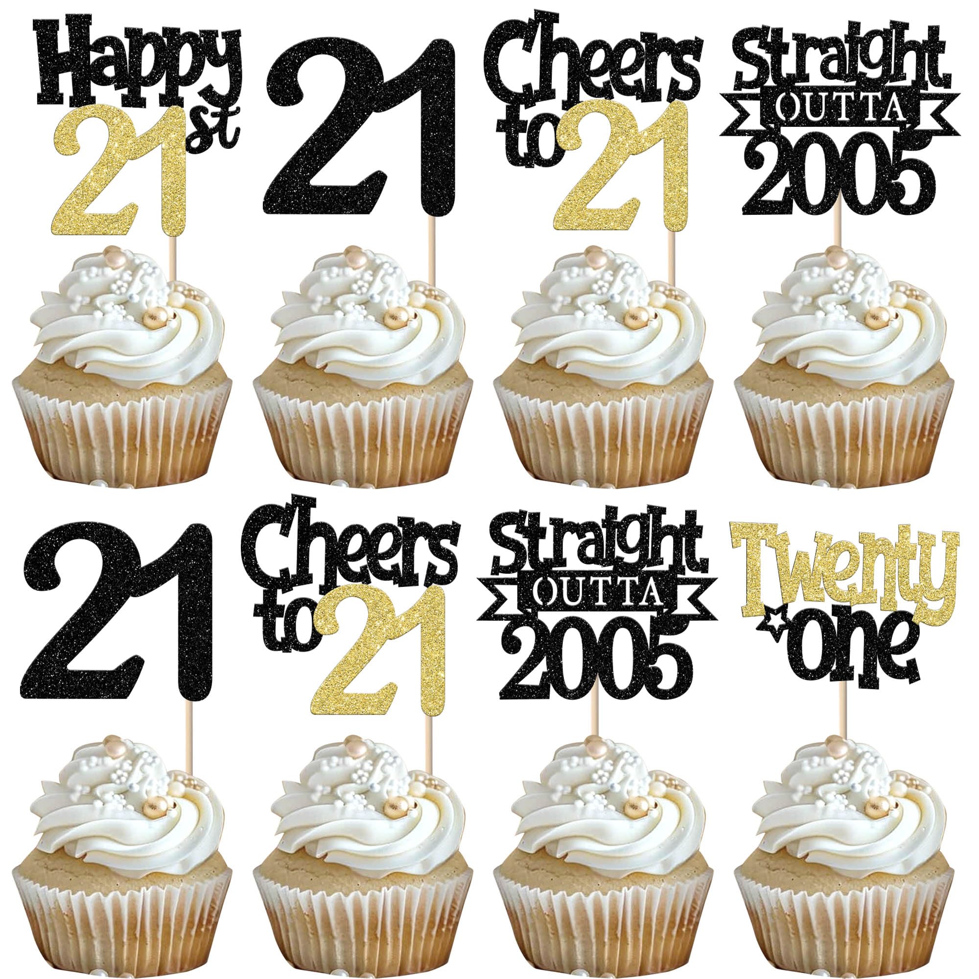 SYKYCTCY 30 Pack Straight Outta 2005 Cupcake Toppers Glitter Hello Twenrt-One Happy 21st Birthday Cupcake Picks Cheers to 21 Years Cake Decorations for 21st Birthday Party Supplies Black Gold
