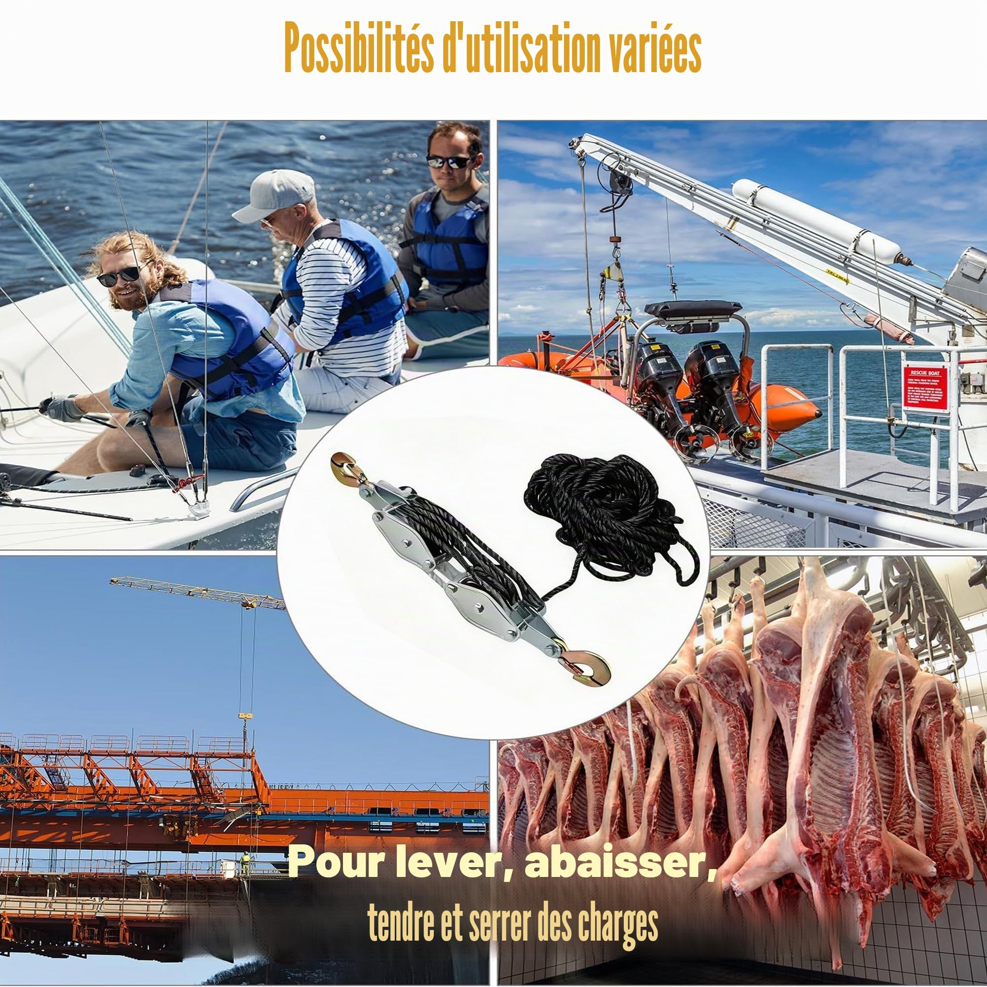 Palan économiseur de travail avec frein à corde : 2000 kg max et force de levage 8:1, palan avec corde et crochet pour garages et chantiers industriels, Noir