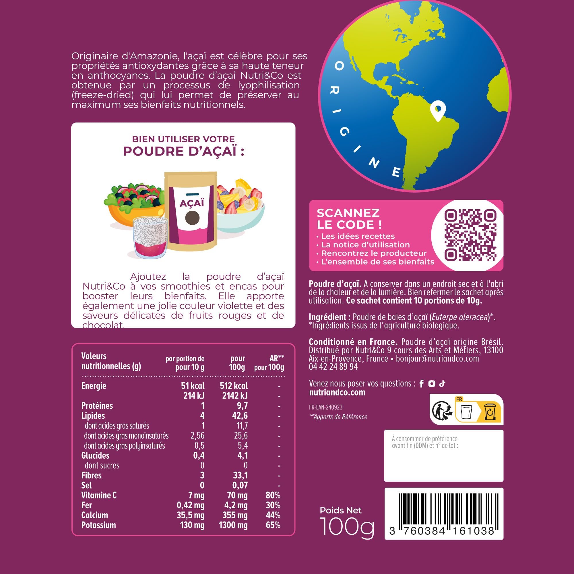 NUTRI & CO Açaï BIO en Poudre 100g - Naturellement Riche en Antioxydants, Vitamine C & Oméga 9 - Issue de l’Agriculture Durable et Équitable en Amazonie - Superaliment Lyophilisée Bio et Vegan