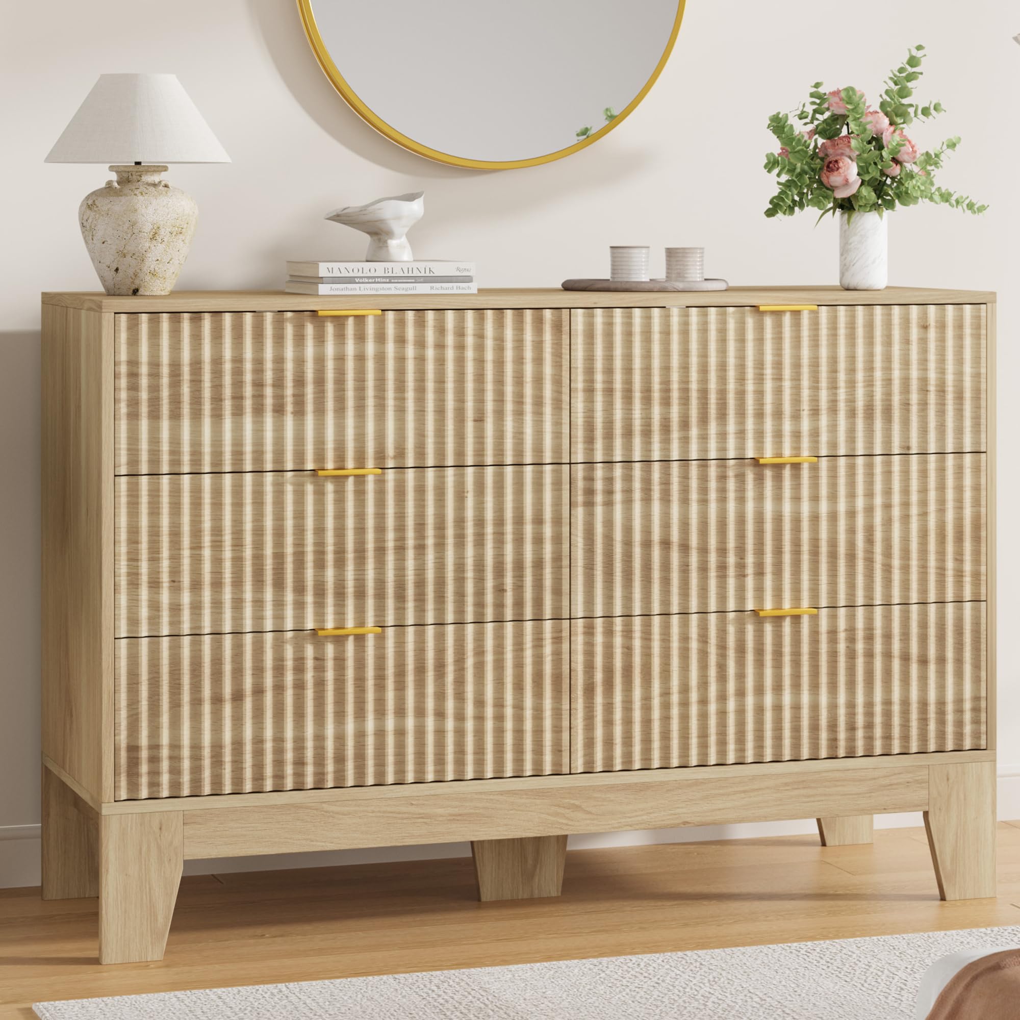 Garvee 6 Drawer Dresser for Bedroom, 47" Wide Fluted Chest of Drawers, Oak