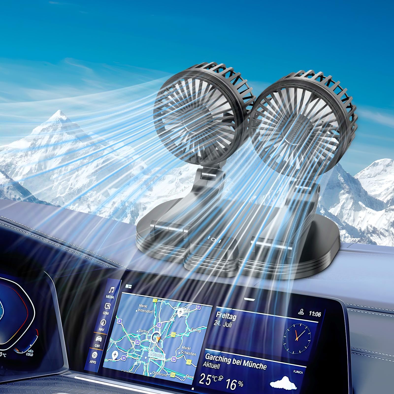 Car Fan,2024 Upgraded Dual Head USB Fan for Car,360° Rotation Portable Vehicle Cooling Fan for Car Dashboard SUV RV Truck Boat Van Sedan Home Office