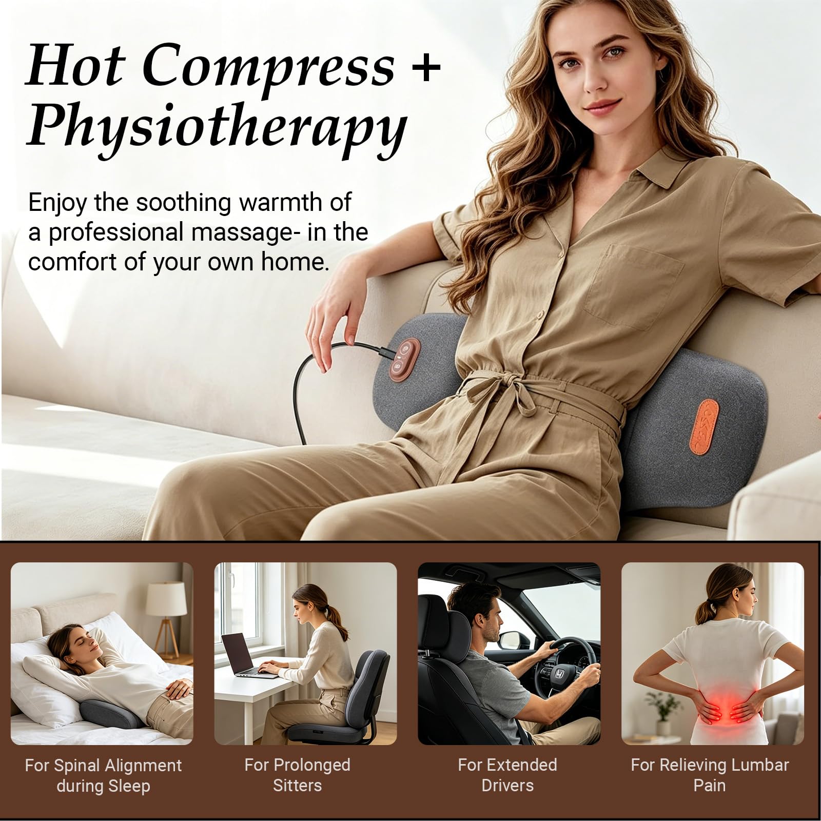 3 In 1 Rückenmassagegerät, Massagekissen mit Zug, Vibrations und Wärmefunktion, Ergonomisches Design, Lendenkissen zur Linderung von Rückenschmerzen, Geeignet für Büro und Zuhause