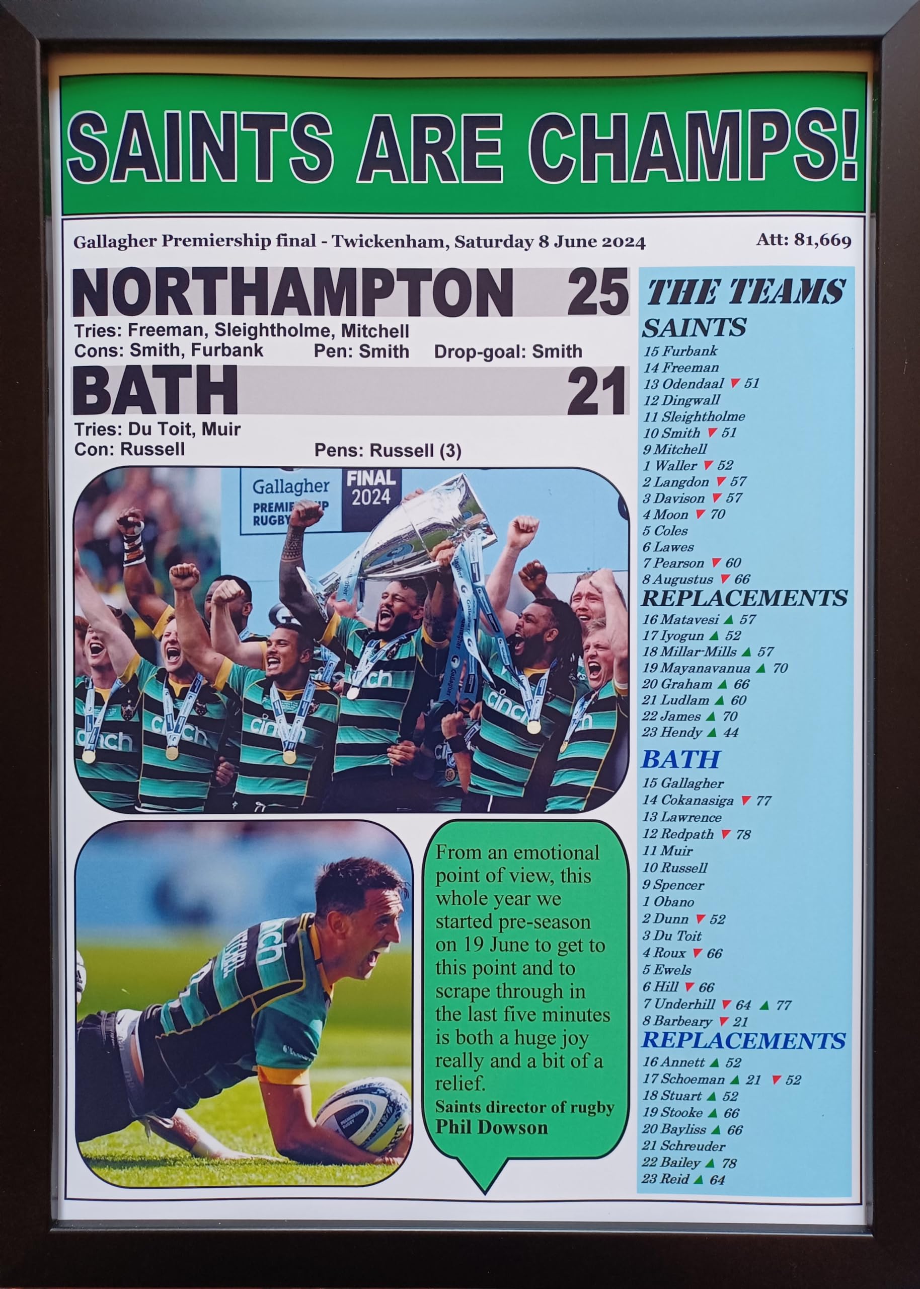 Assorted Northampton Saints 25 Bath 21-2024 Rugby Premiership final - framed print