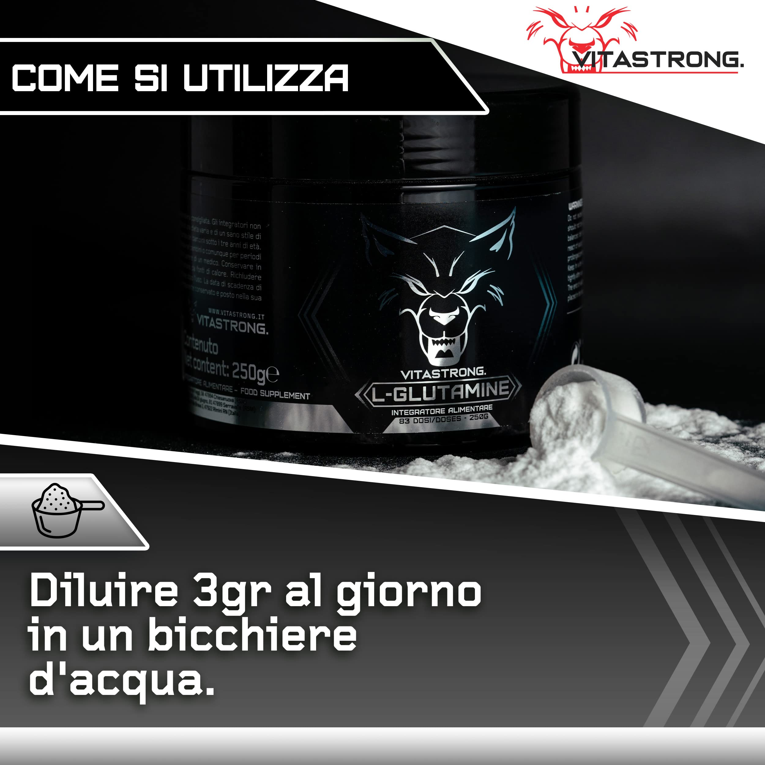 Glutammina in Polvere Vitastrong 250g (83 Porzioni), Stimola GH Ormone della Crescita, L-Glutammina Senza Additivi Superflui per Post Workout Recupero Muscolare, Misurino Incluso