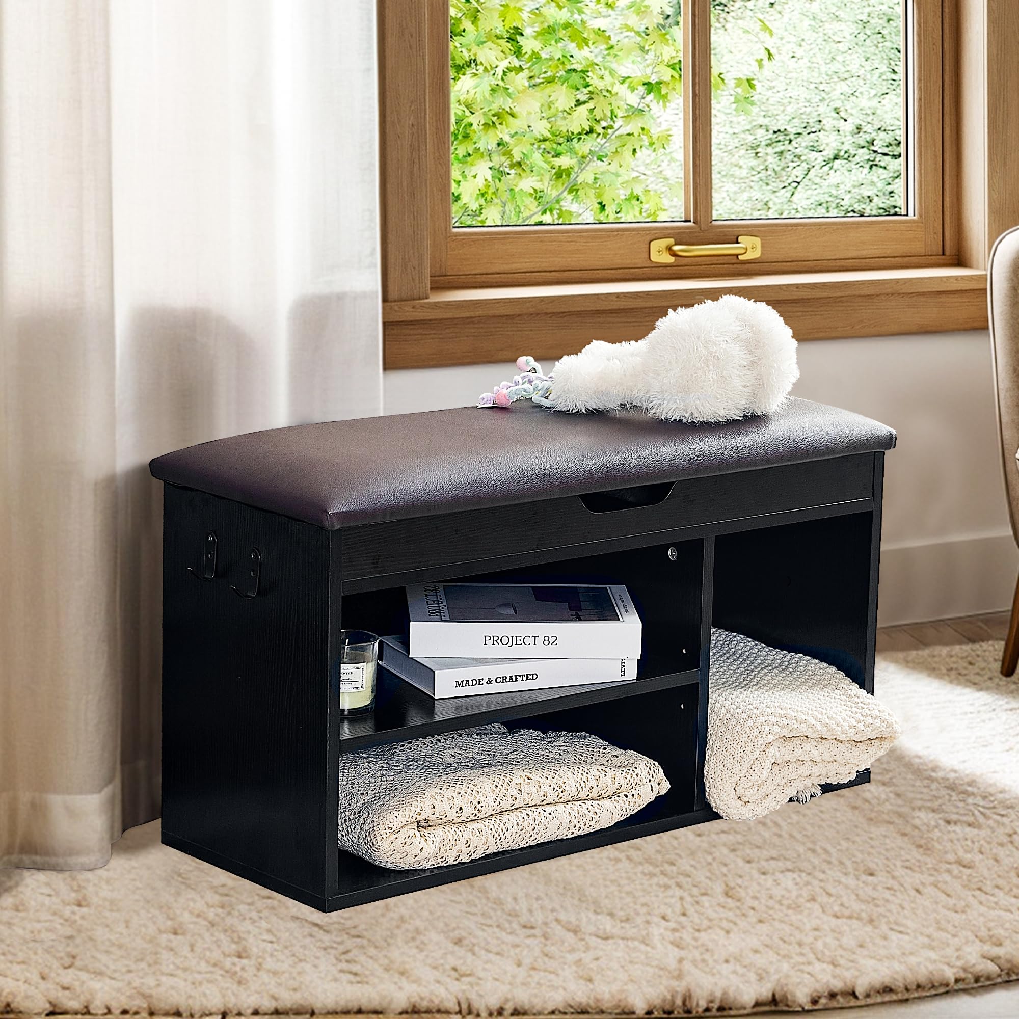 Redlife Banco Zapatero con Asiento,Zapatero Entrada recibidor,sapateira Hall Entrada,Taburete de Zapatos con cojín,Estante Zapatero de Almacenamiento,31,5 x 82 x 46,5 cm (Negro)