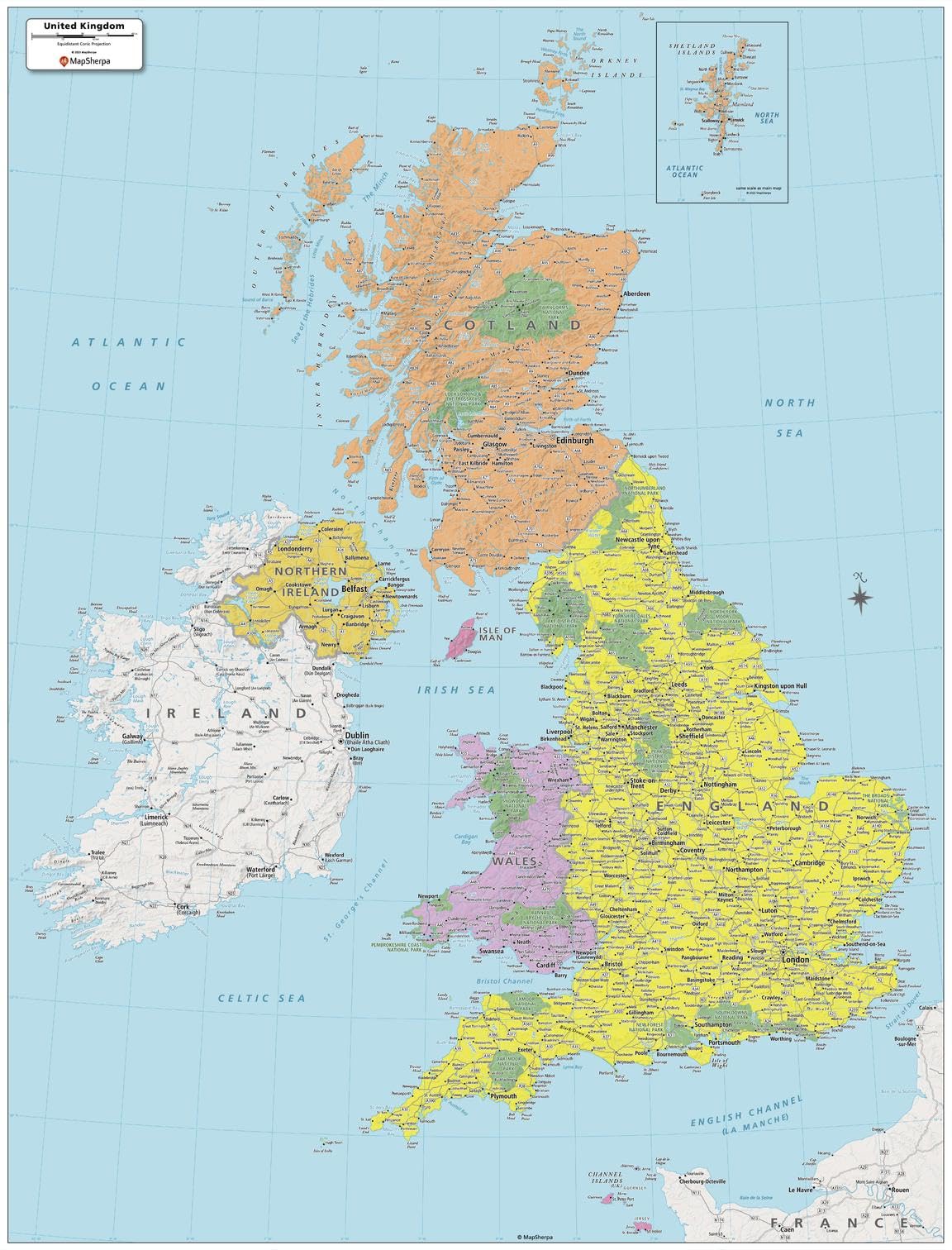 MapSherpa: UK Political Wall Map - 80 x 61 cm Poster - Rolled Canvas