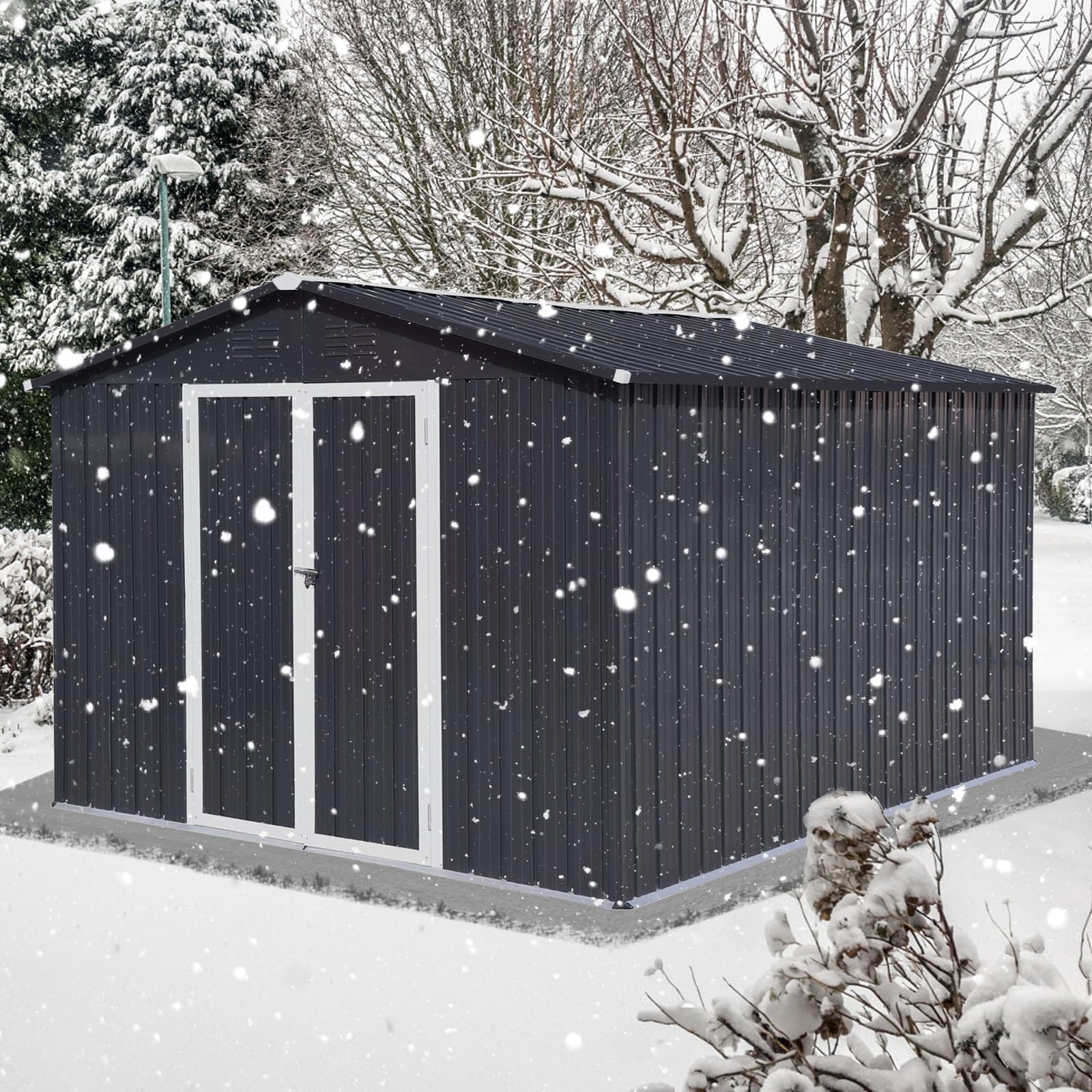 10 x 12 FT Outdoor Storage Shed, Metal Garden Tool Shed with Slooping Roof, Lockable Doors and Windows, Easy to Assemble for Garden, Patio, Lawn, Black