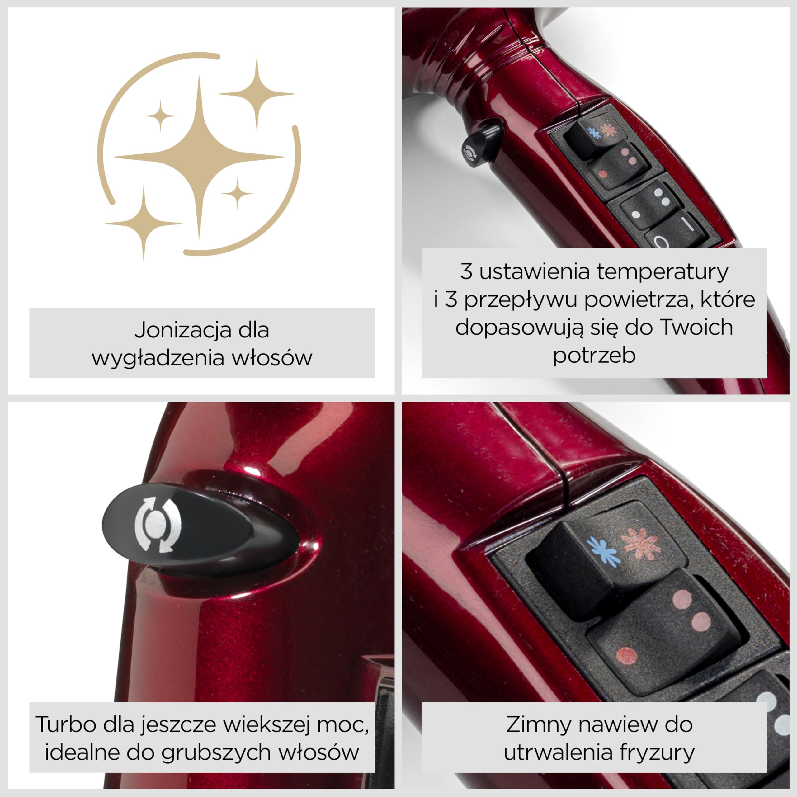 Suszarka BaByliss Pro Digital z dyfuzorem - 2200 W Ultra-szybka suszarka z jonizacją, Włoska produkcja, 3 ustawienia temperatury i 4 przepływu powietrza z przyciskiem Turbo, czerwona, 6001DE