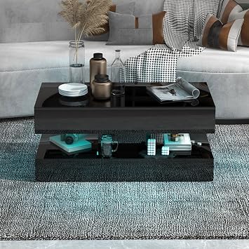 COBANA Modern High-Glossy LED Coffee Table, Center Table, Black